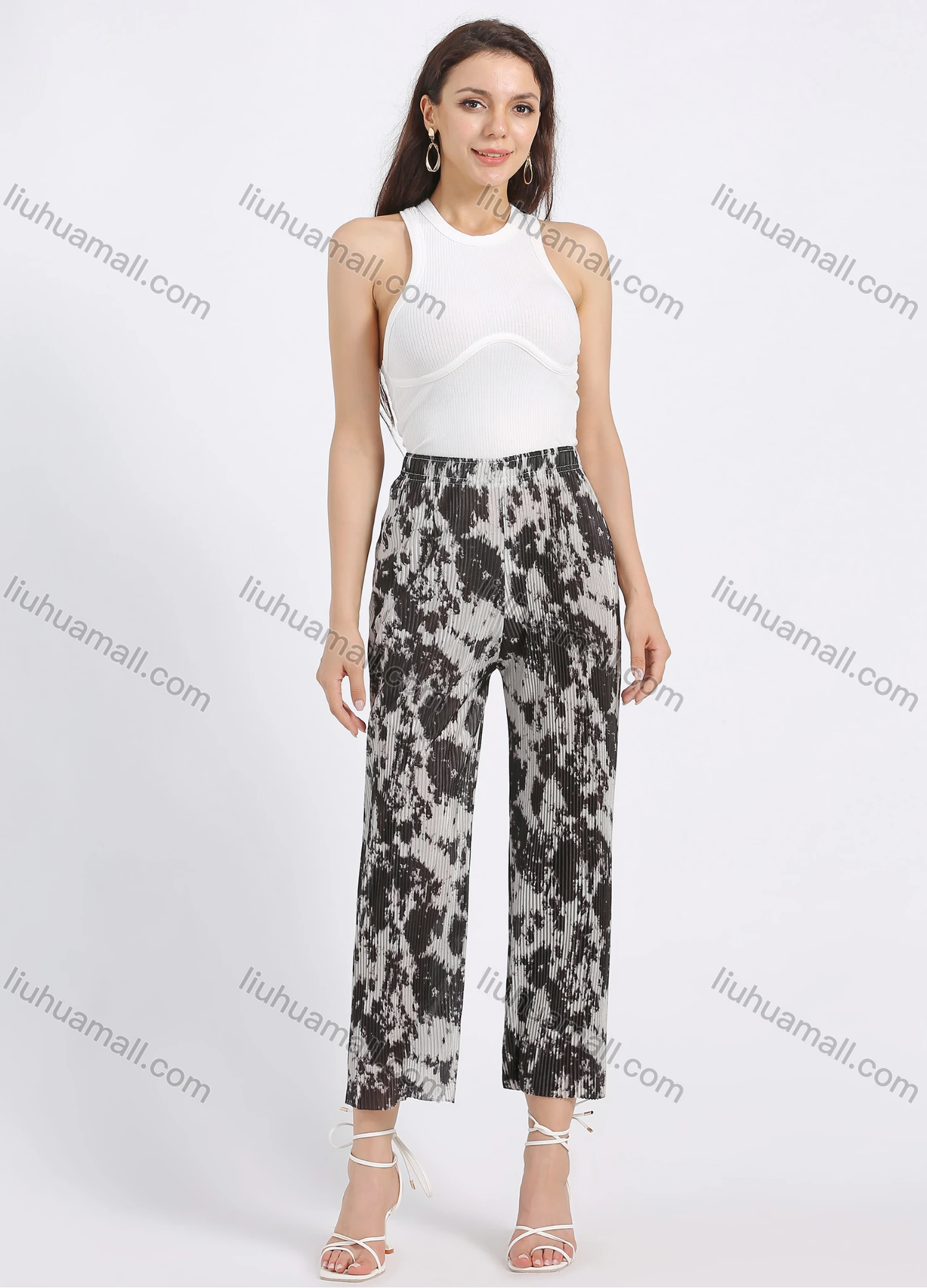 Wholesale Women's High Waist Tie Dye Loose Fit Pleated Wide Leg Pant - Liuhuamall