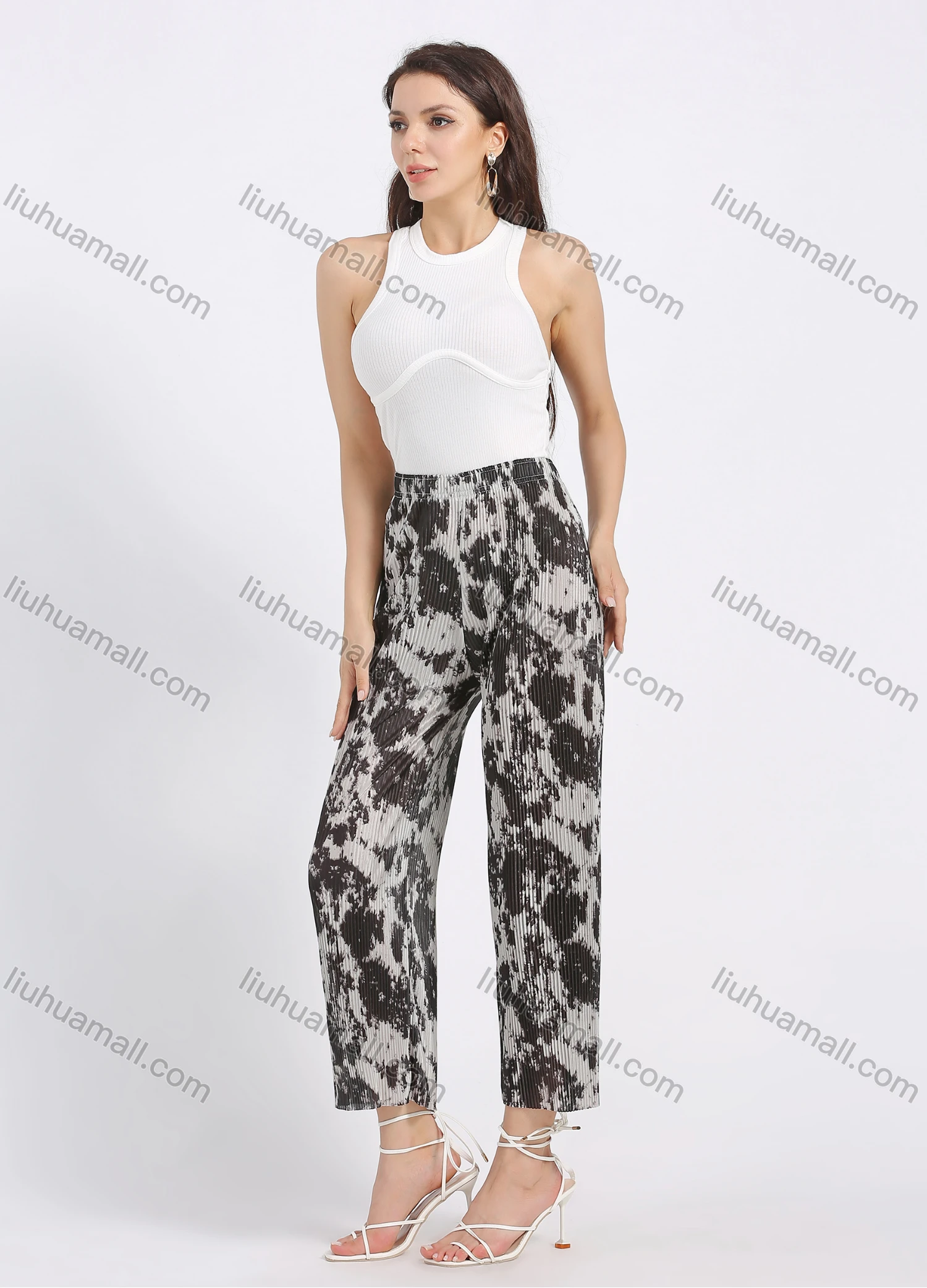 Wholesale Women's High Waist Tie Dye Loose Fit Pleated Wide Leg Pant - Liuhuamall