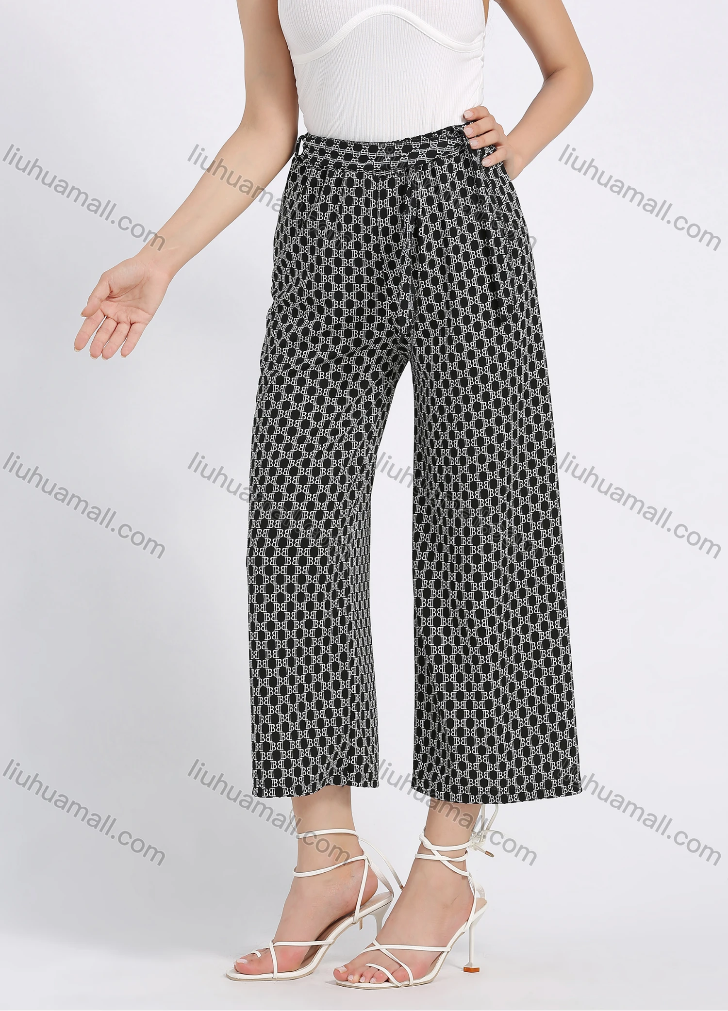 Wholesale Women's Casual Straight Loose Fit Allover Print Cropped Wide leg Pant With Belt - Liuhuamall