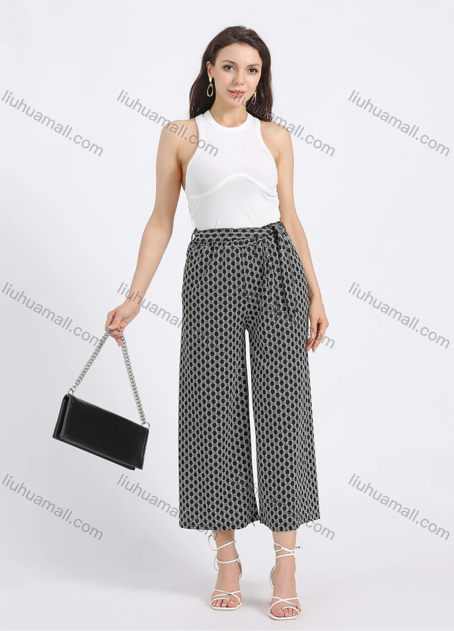 Wholesale Women's Casual Straight Loose Fit Allover Print Cropped Wide leg Pant With Belt - Liuhuamall