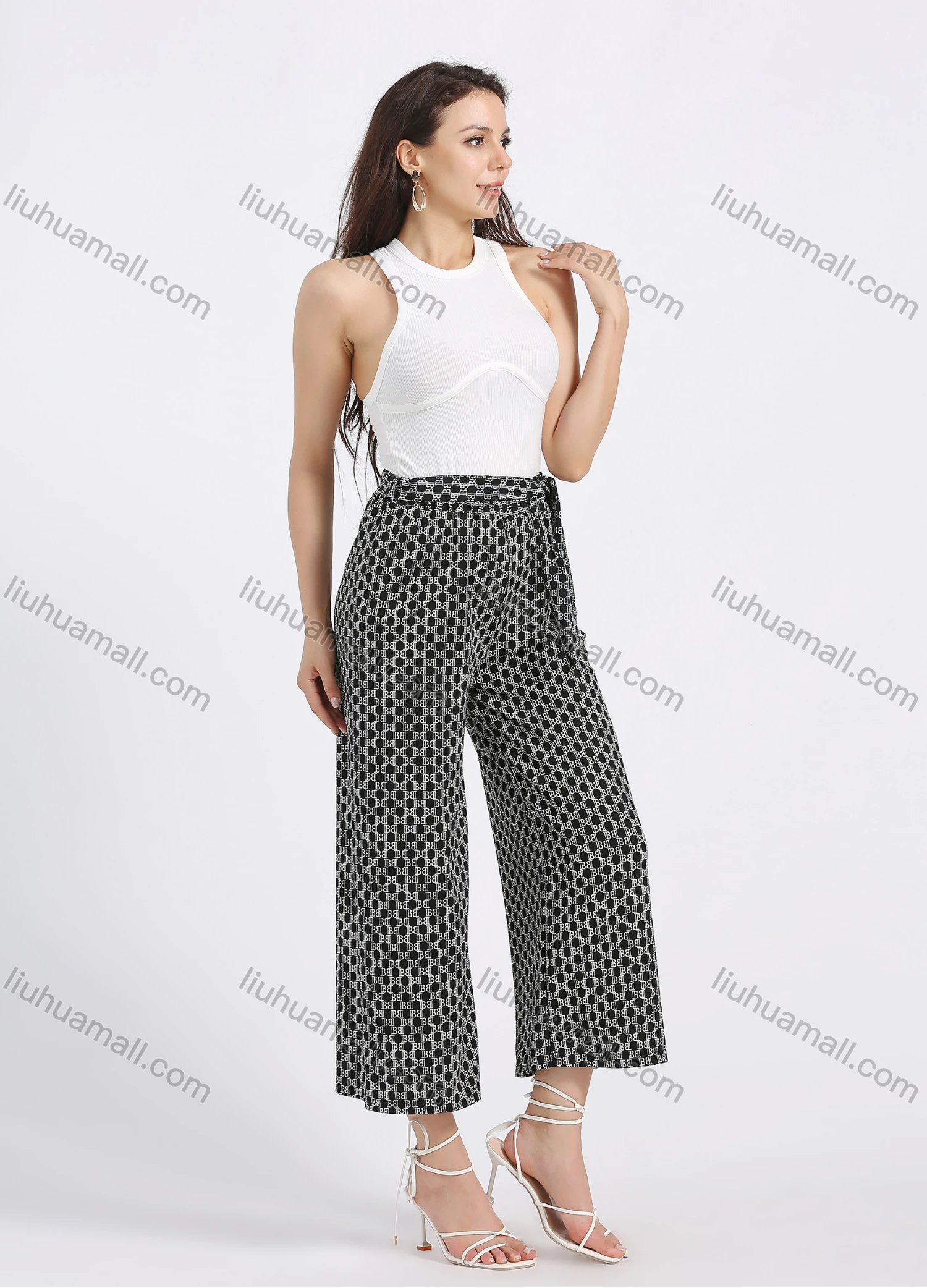 Wholesale Women's Casual Straight Loose Fit Allover Print Cropped Wide leg Pant With Belt - Liuhuamall
