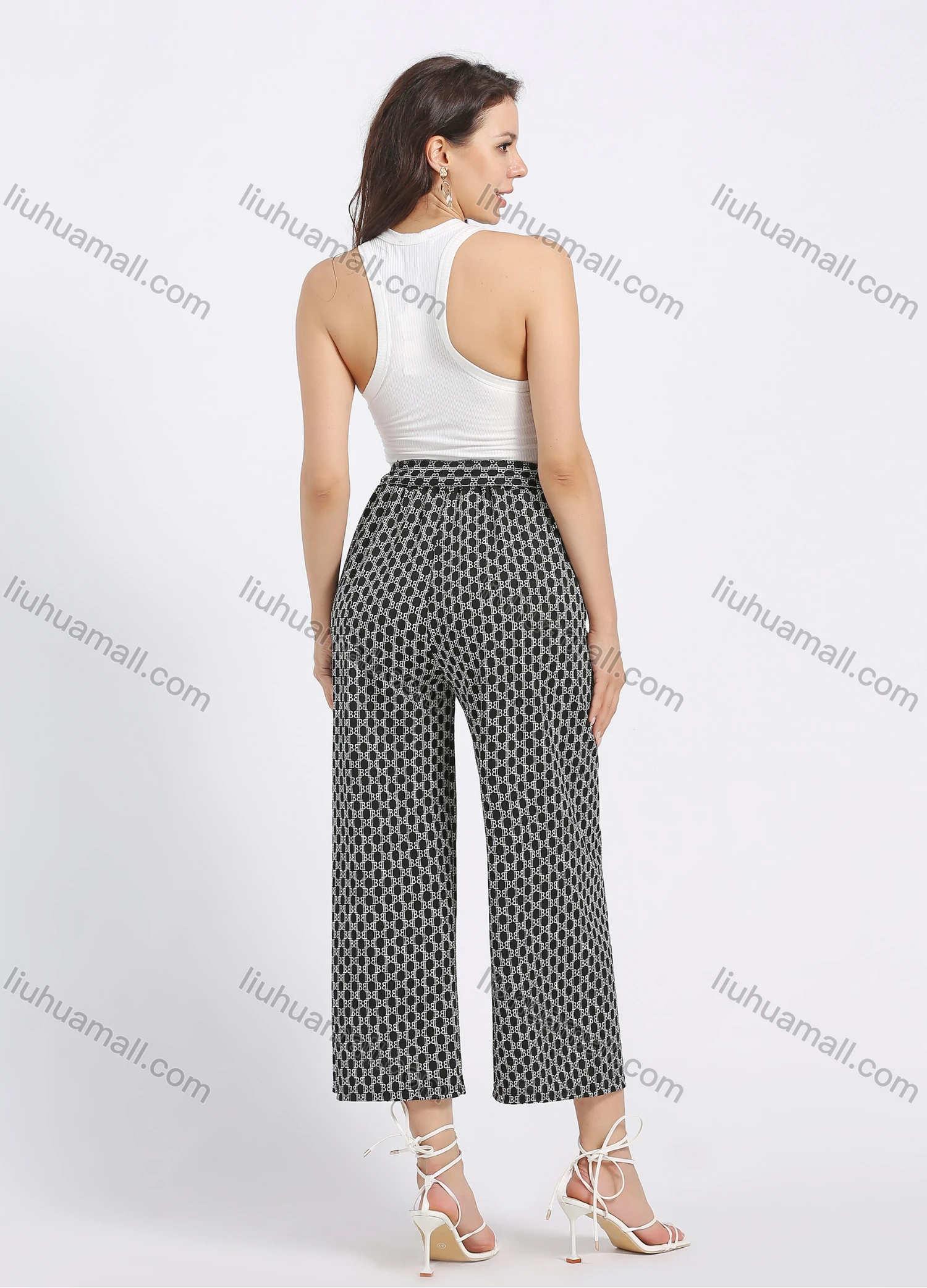 Wholesale Women's Casual Straight Loose Fit Allover Print Cropped Wide leg Pant With Belt - Liuhuamall