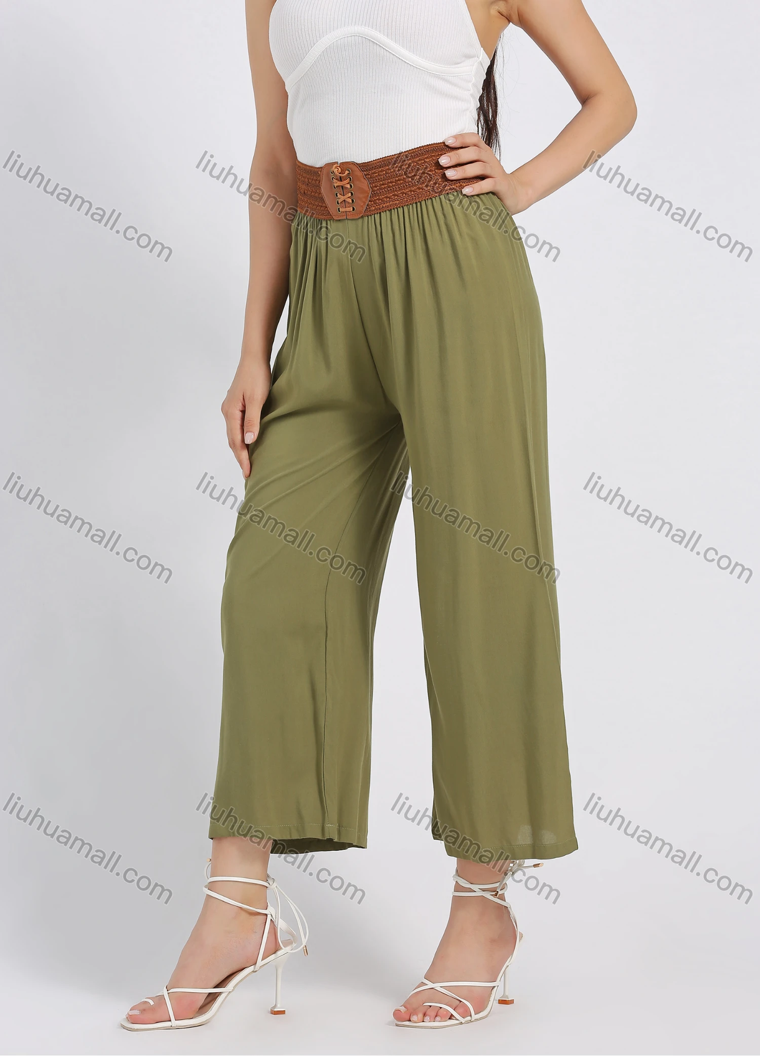 Wholesale Women's Casual Cotton Plain Loose Fit Cropped Wide Leg Pant With Belt - Liuhuamall