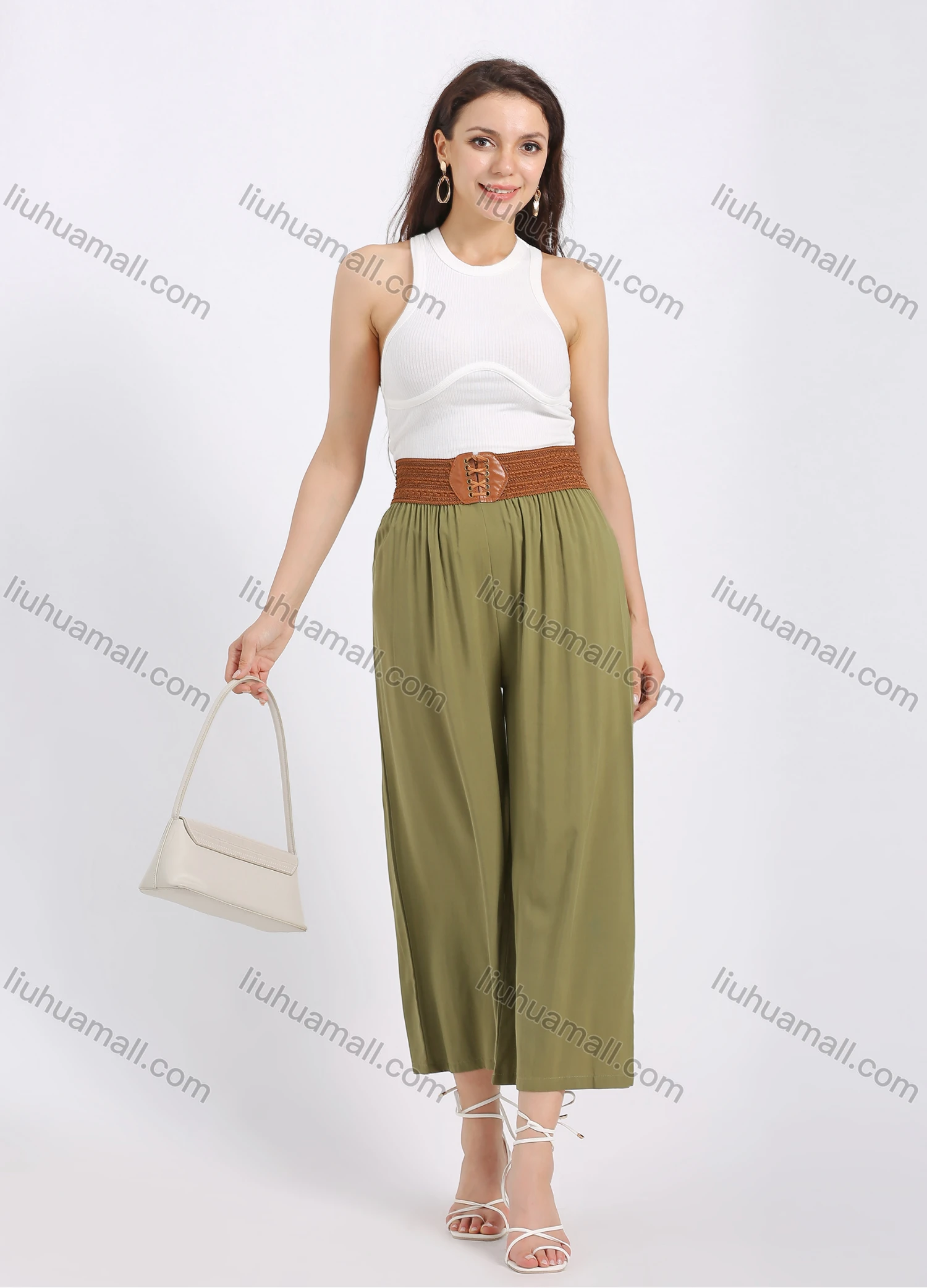 Wholesale Women's Casual Cotton Plain Loose Fit Cropped Wide Leg Pant With Belt - Liuhuamall