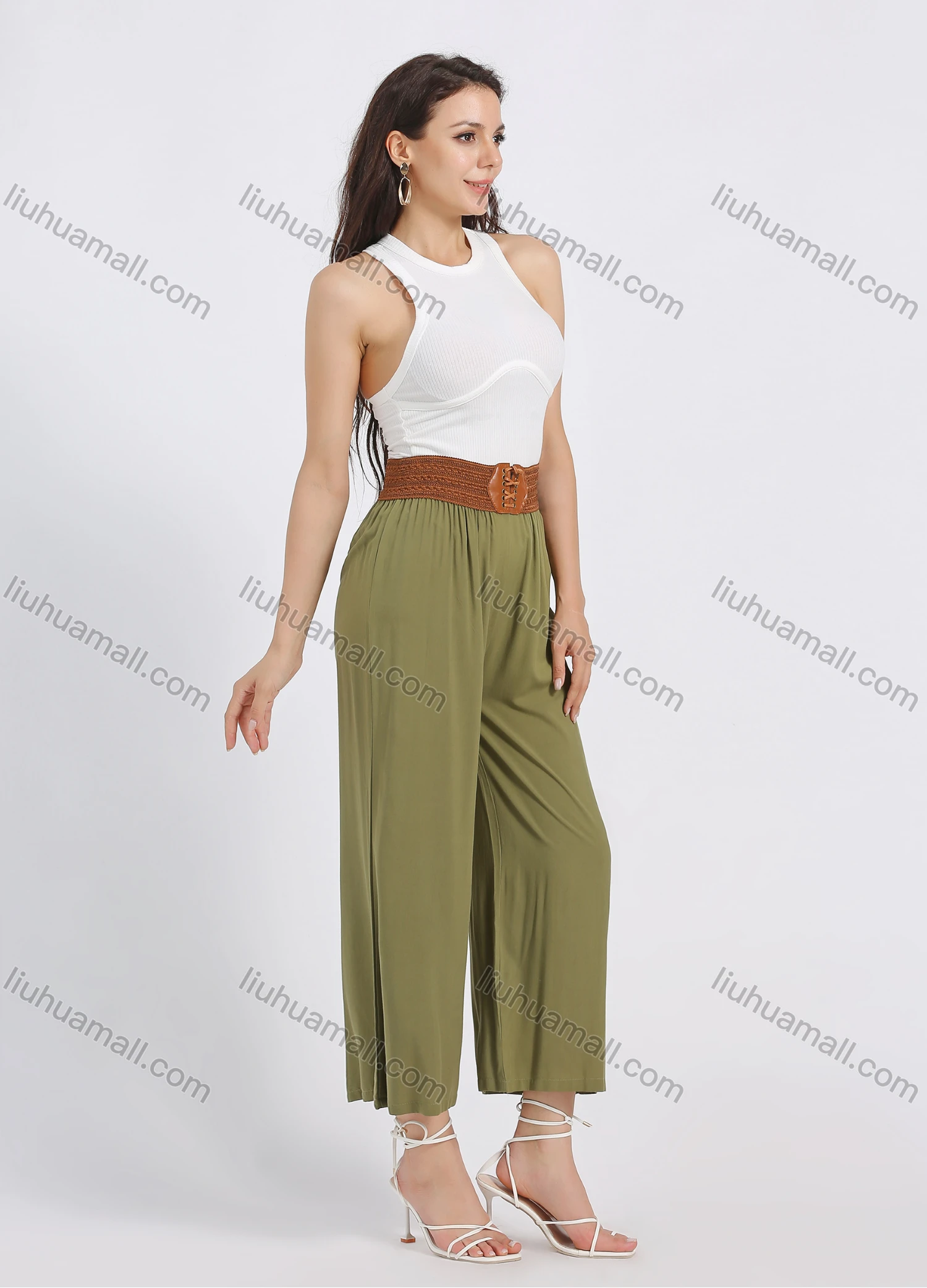 Wholesale Women's Casual Cotton Plain Loose Fit Cropped Wide Leg Pant With Belt - Liuhuamall