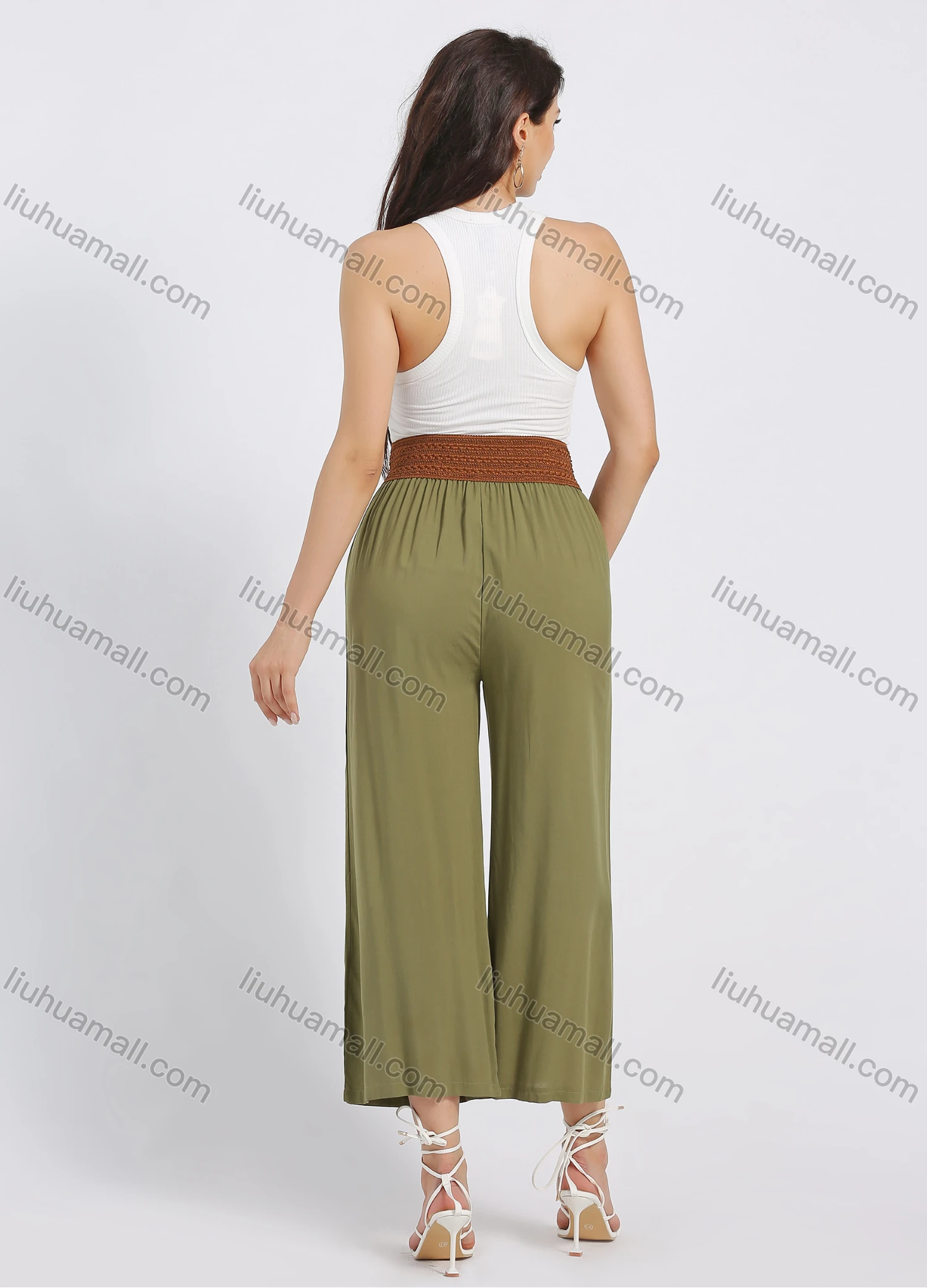Wholesale Women's Casual Cotton Plain Loose Fit Cropped Wide Leg Pant With Belt - Liuhuamall
