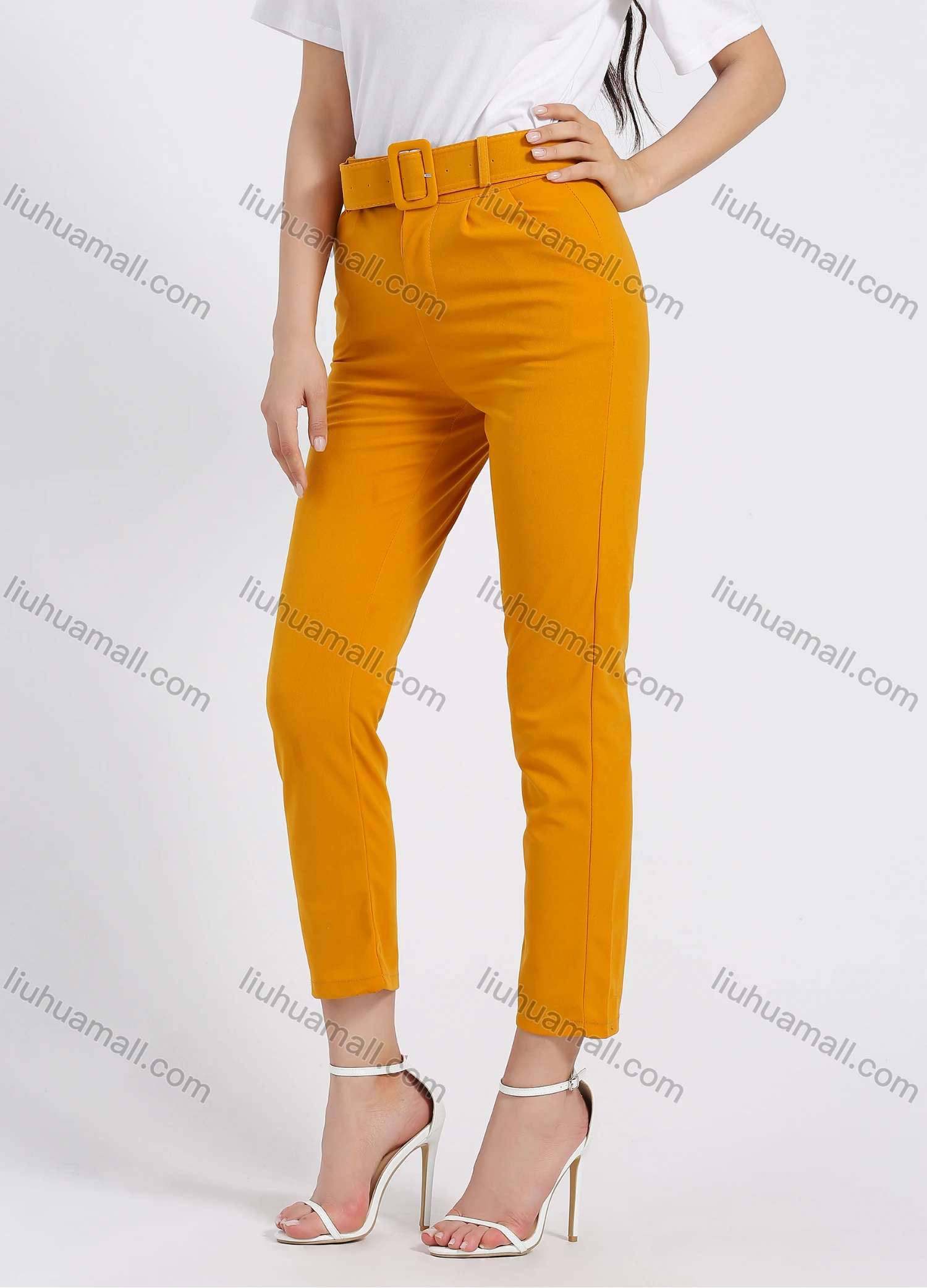 Wholesale Women's High Waist Zipper Fly Plain Slant Pocket Casual Slim Fit Cropped Pant With Belt - Liuhuamall