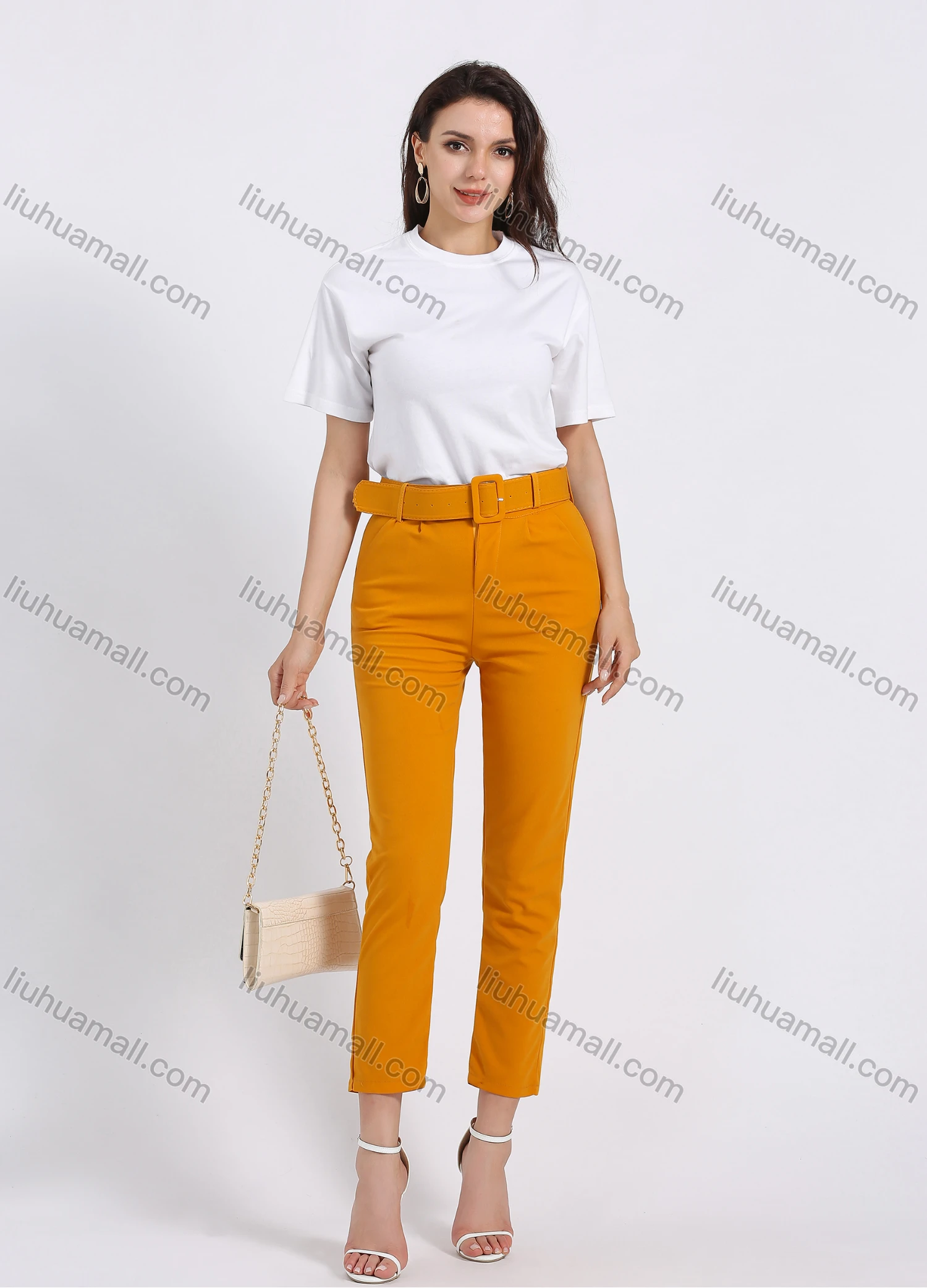 Wholesale Women's High Waist Zipper Fly Plain Slant Pocket Casual Slim Fit Cropped Pant With Belt - Liuhuamall