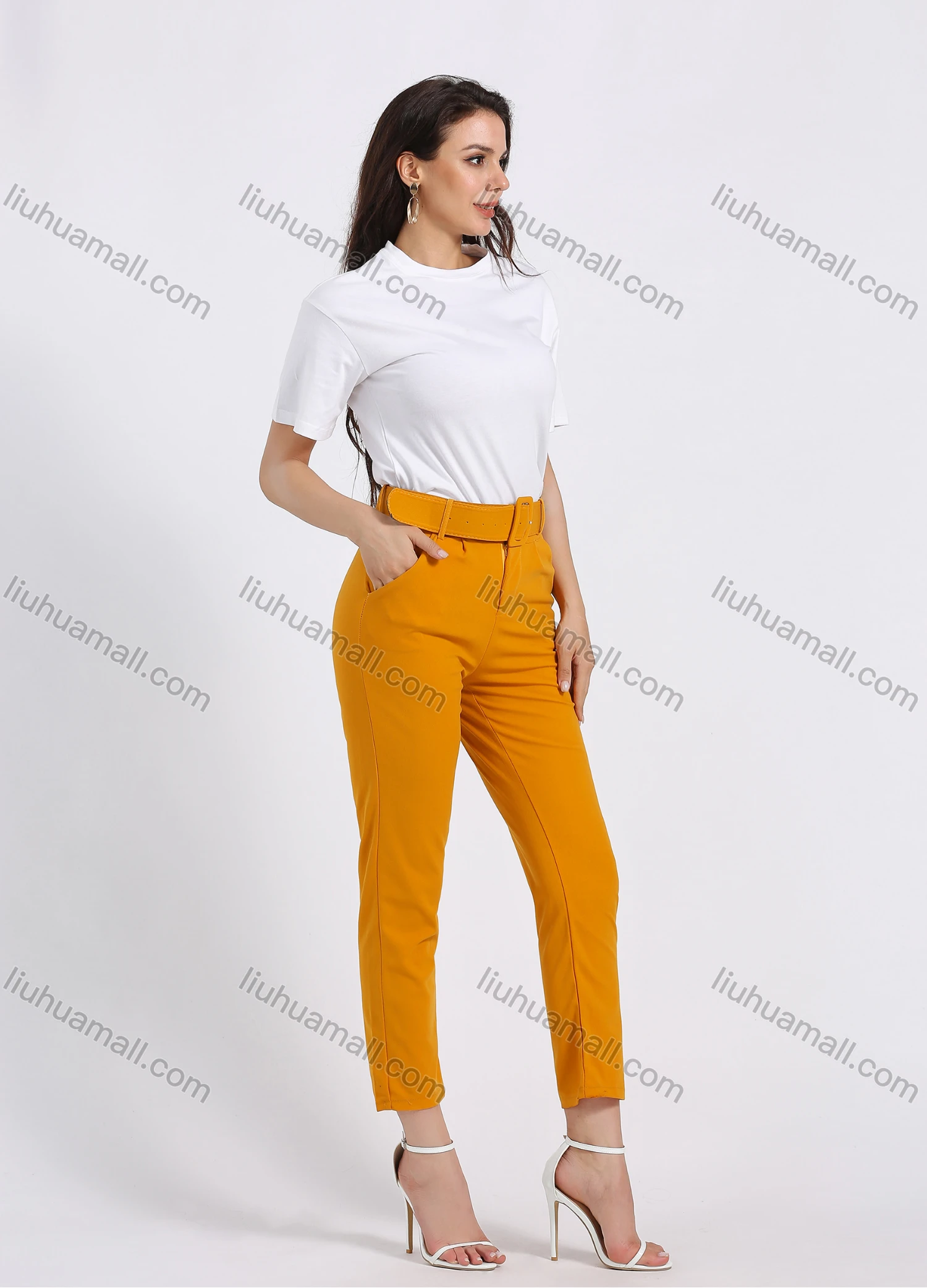 Wholesale Women's High Waist Zipper Fly Plain Slant Pocket Casual Slim Fit Cropped Pant With Belt - Liuhuamall