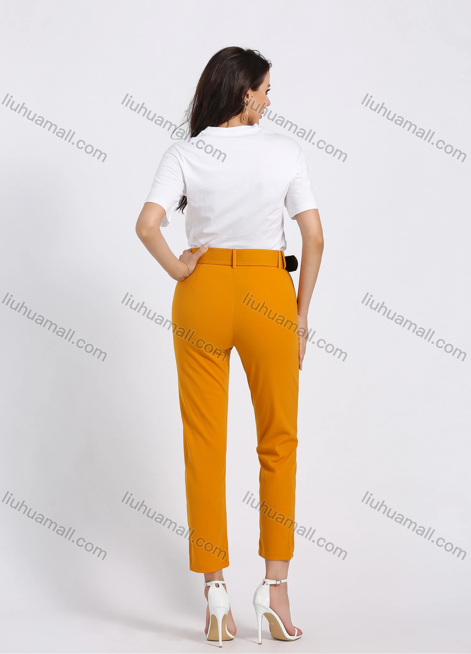 Wholesale Women's High Waist Zipper Fly Plain Slant Pocket Casual Slim Fit Cropped Pant With Belt - Liuhuamall