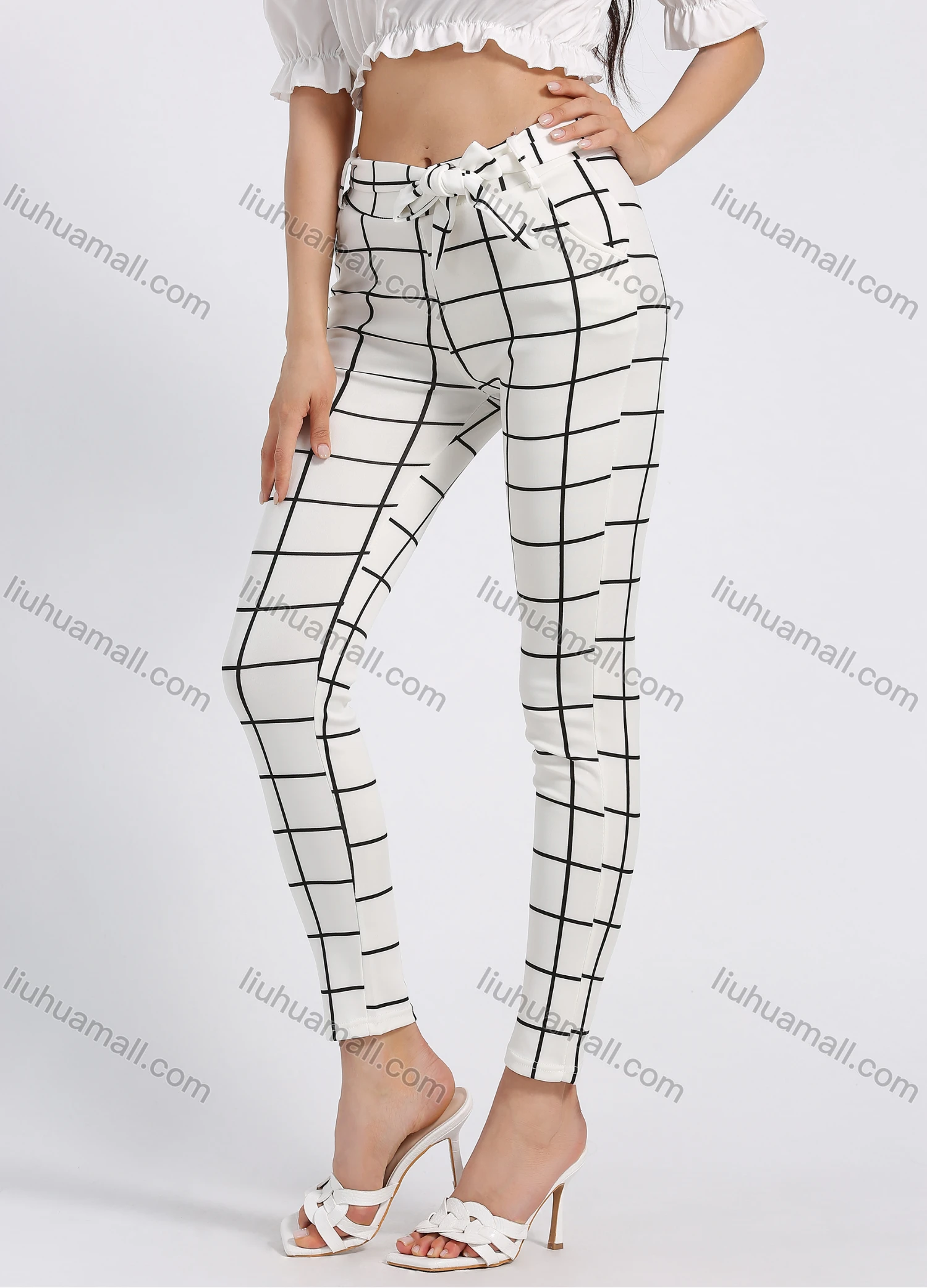 Wholesale Women's Elastic Waist Plaid Print Slant Pocket Skinny Pant With Belt - Liuhuamall