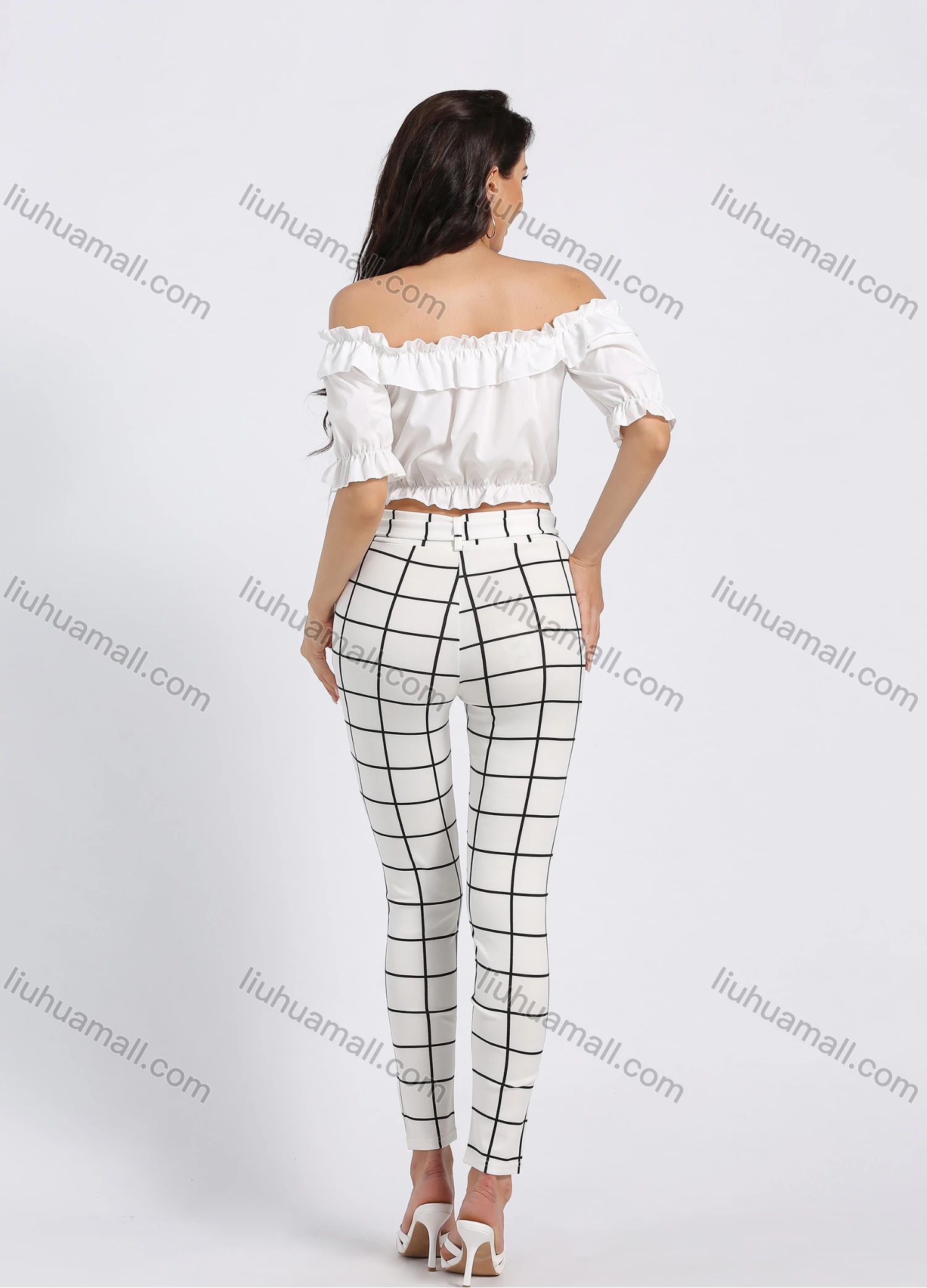 Wholesale Women's Elastic Waist Plaid Print Slant Pocket Skinny Pant With Belt - Liuhuamall