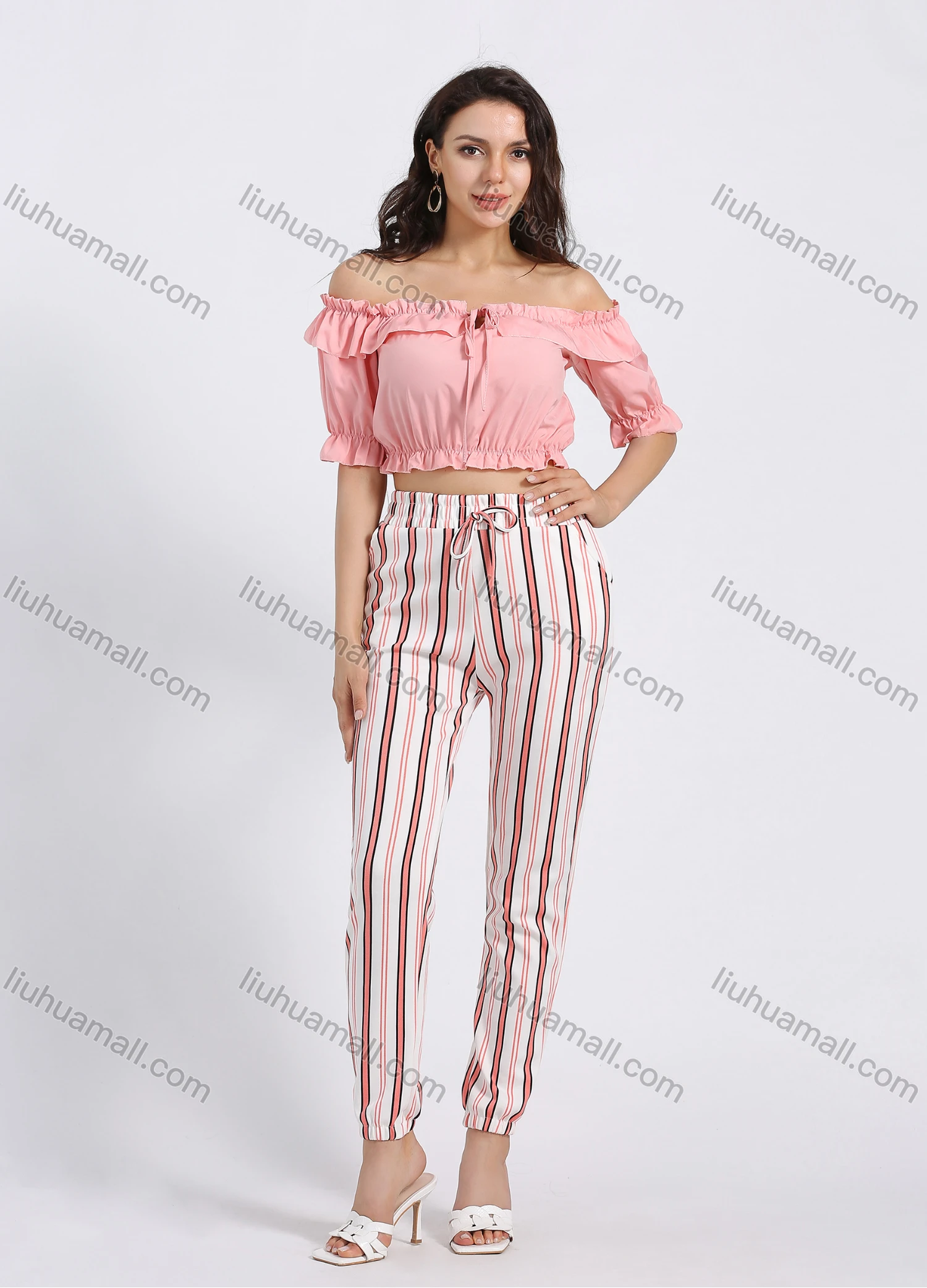 Wholesale Women's Elastic Waist Striped Print Drawstring Slant Pocket Slim Fit Jogger Pant - Liuhuamall