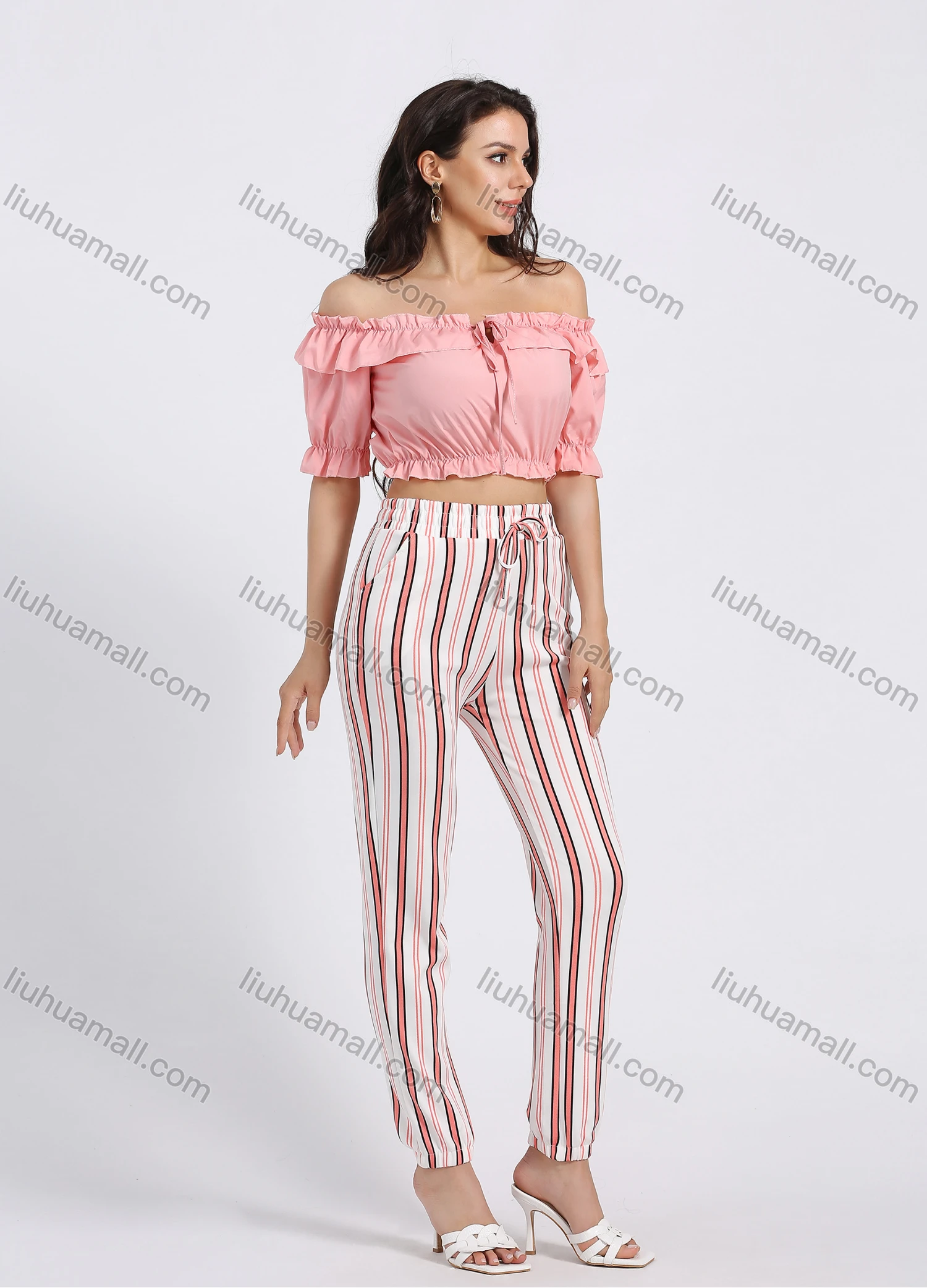Wholesale Women's Elastic Waist Striped Print Drawstring Slant Pocket Slim Fit Jogger Pant - Liuhuamall