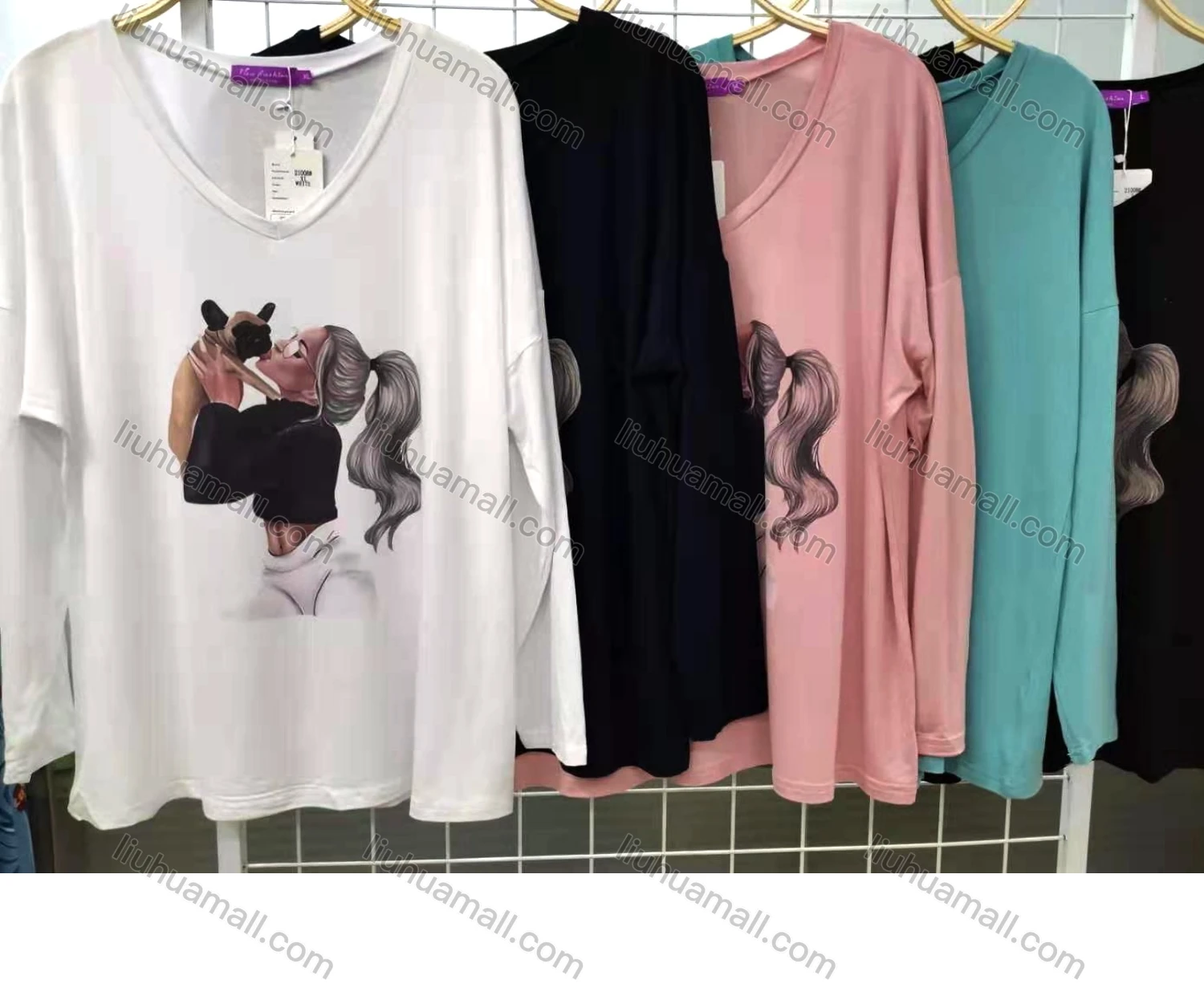 Wholesale Women's Cartoon Pattern Drop Shoulder Long Sleeve Oversized Tee - Liuhuamall