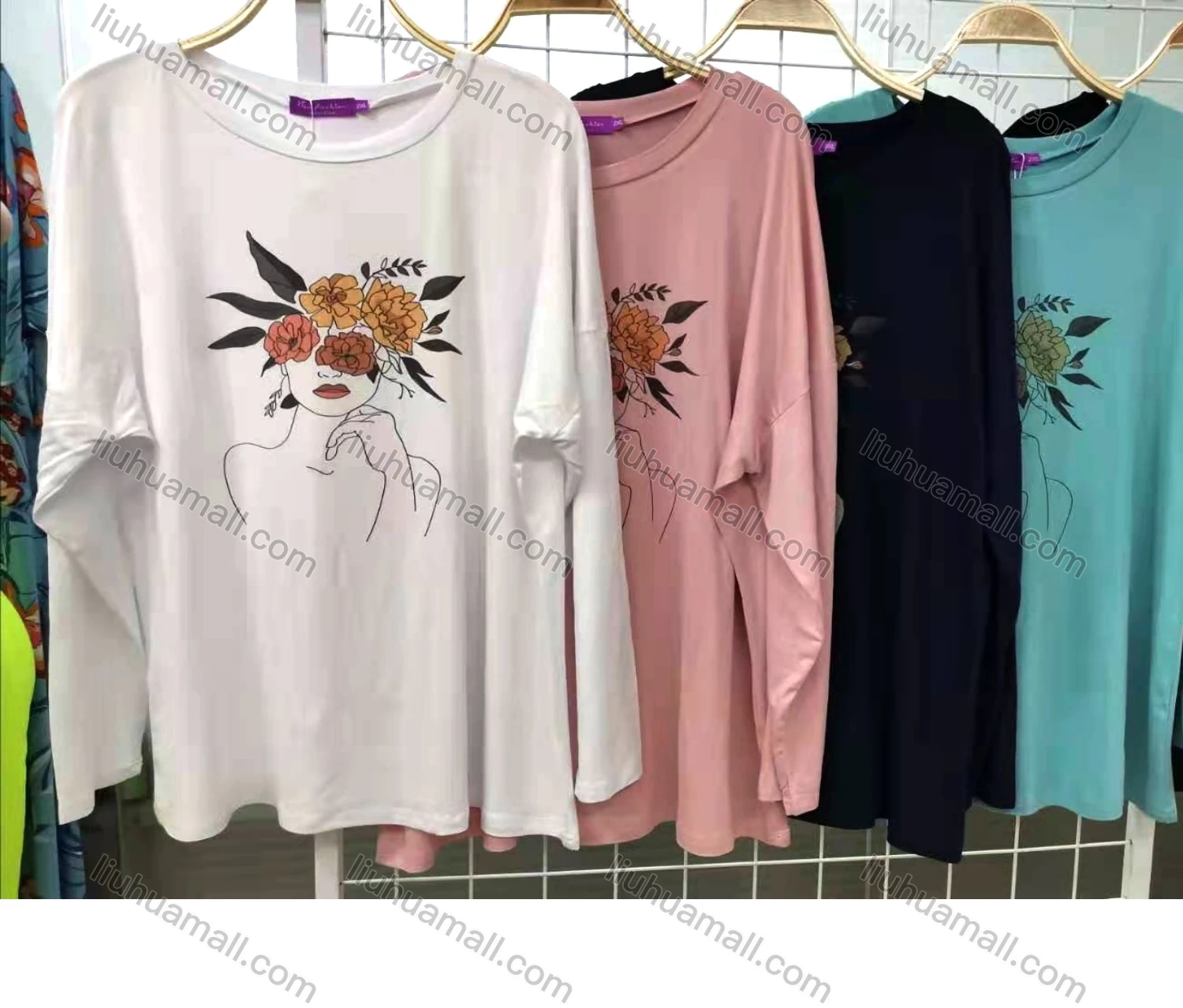 Wholesale Women's Abstract Pattern Drop Shoulder Long Sleeve Oversized Tee - Liuhuamall