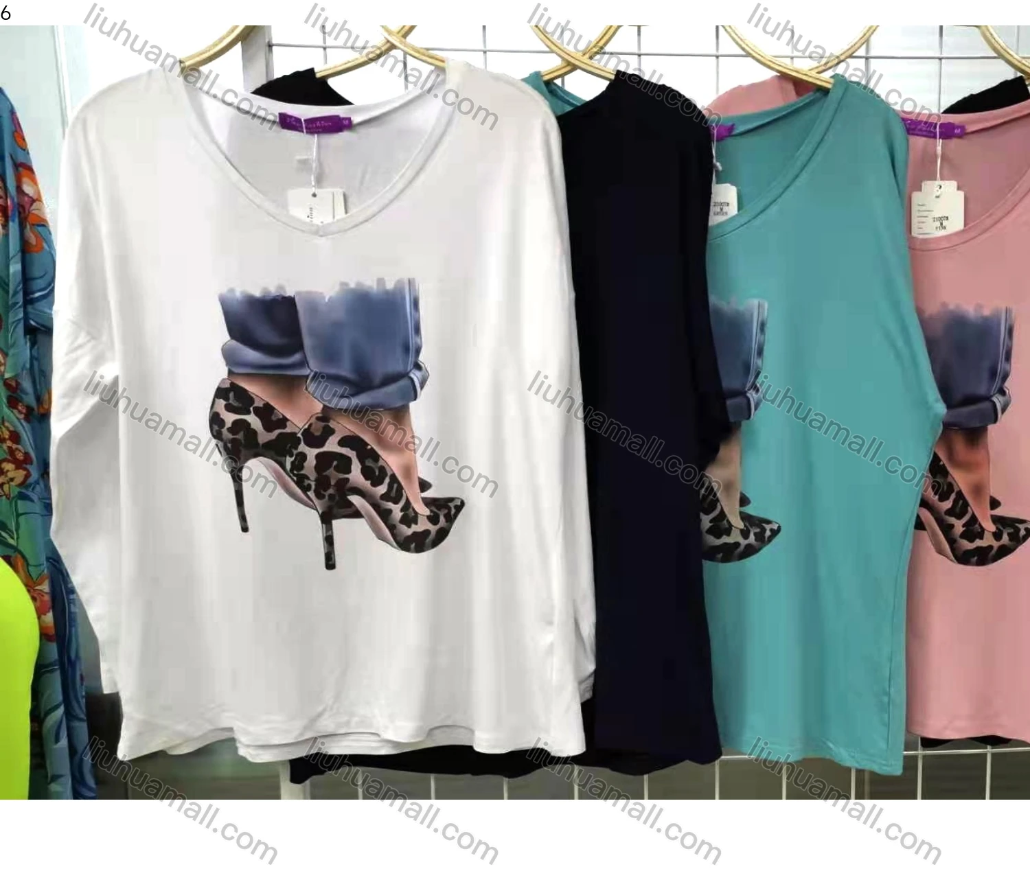 Wholesale Women's Drop Shoulder Pattern Long Sleeve Tee - Liuhuamall