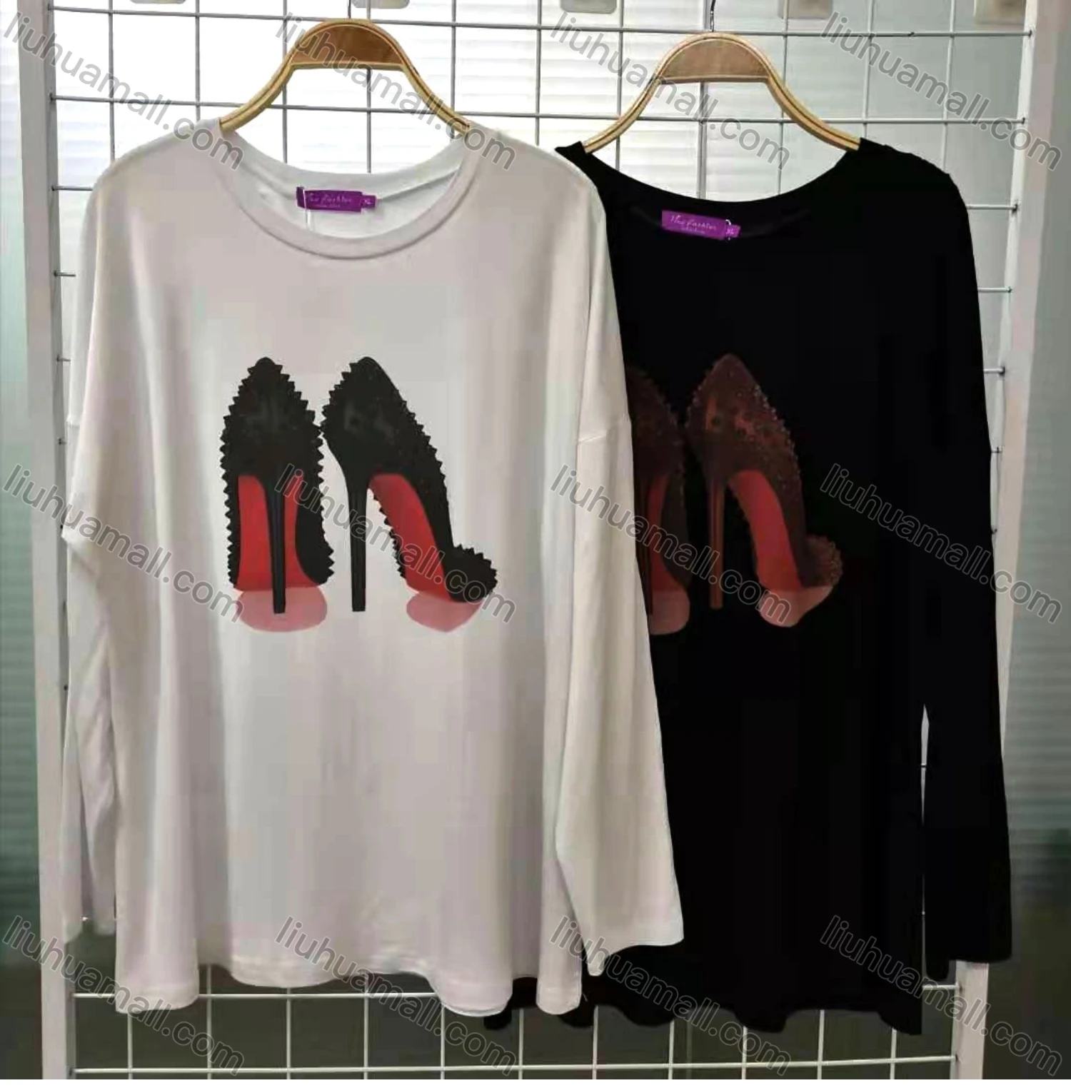 Wholesale Women's Drop Shoulder Pattern Long Sleeve Oversized Tee - Liuhuamall