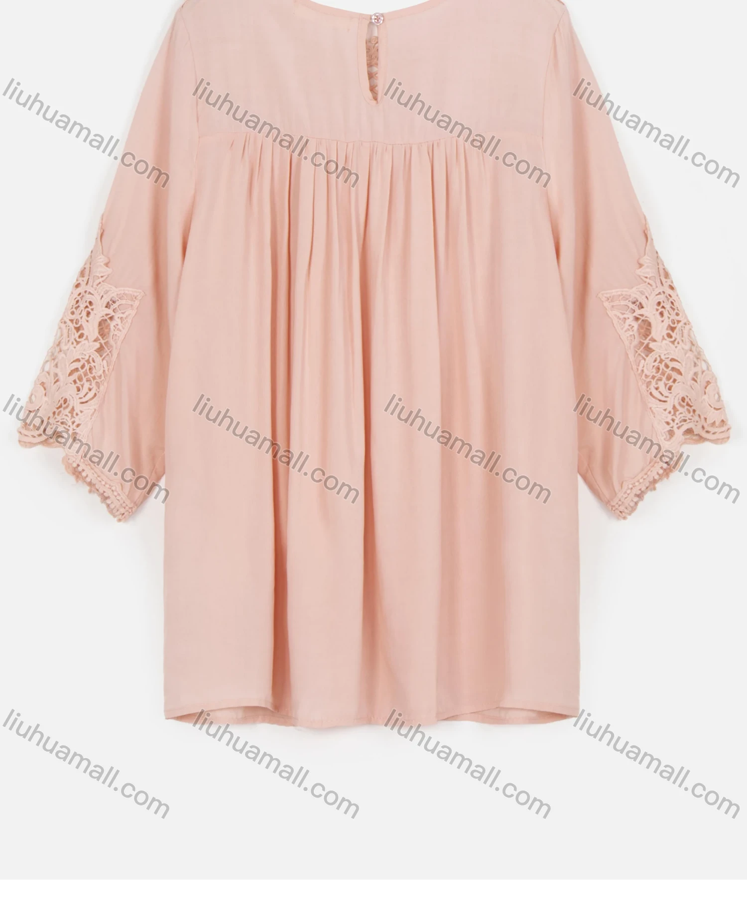 Wholesale Women's Casual 3/4 Sleeve Round Neck Oversized Plain Lace Pleated Blouse - Liuhuamall