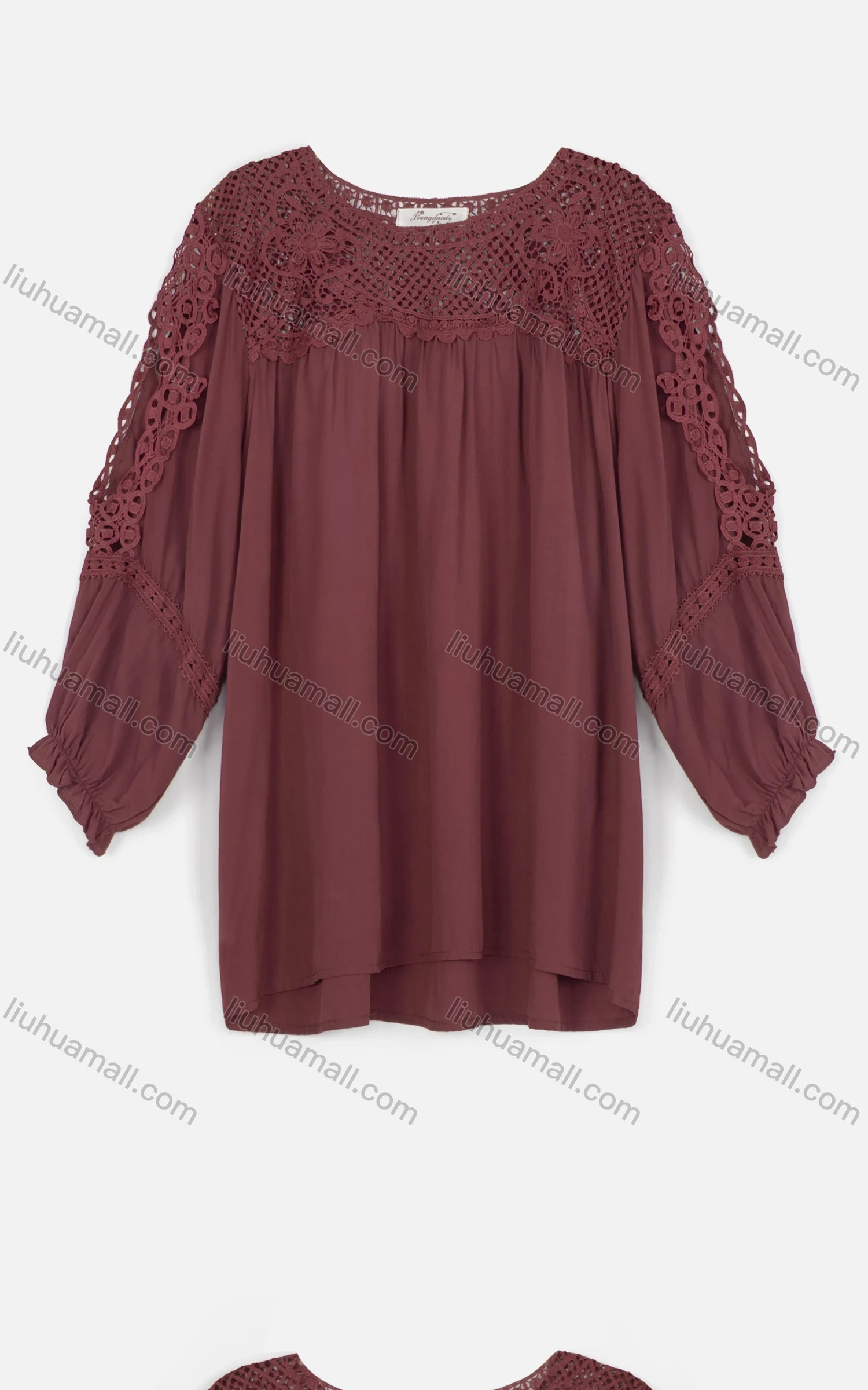 Wholesale Women's Casual Oversized Lantern Sleeve Crew Neck Plain Lace Blouse - Liuhuamall