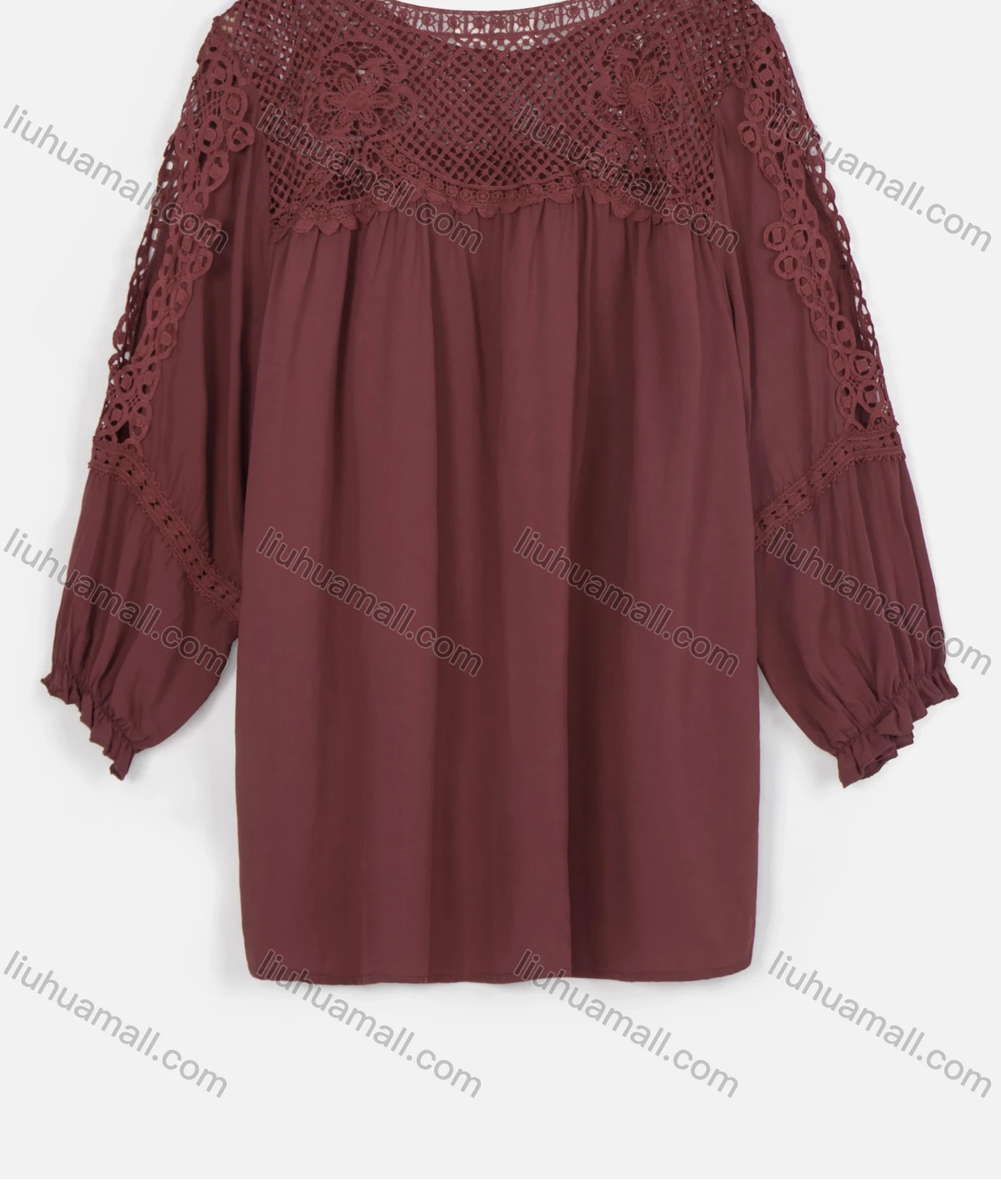 Wholesale Women's Casual Oversized Lantern Sleeve Crew Neck Plain Lace Blouse - Liuhuamall