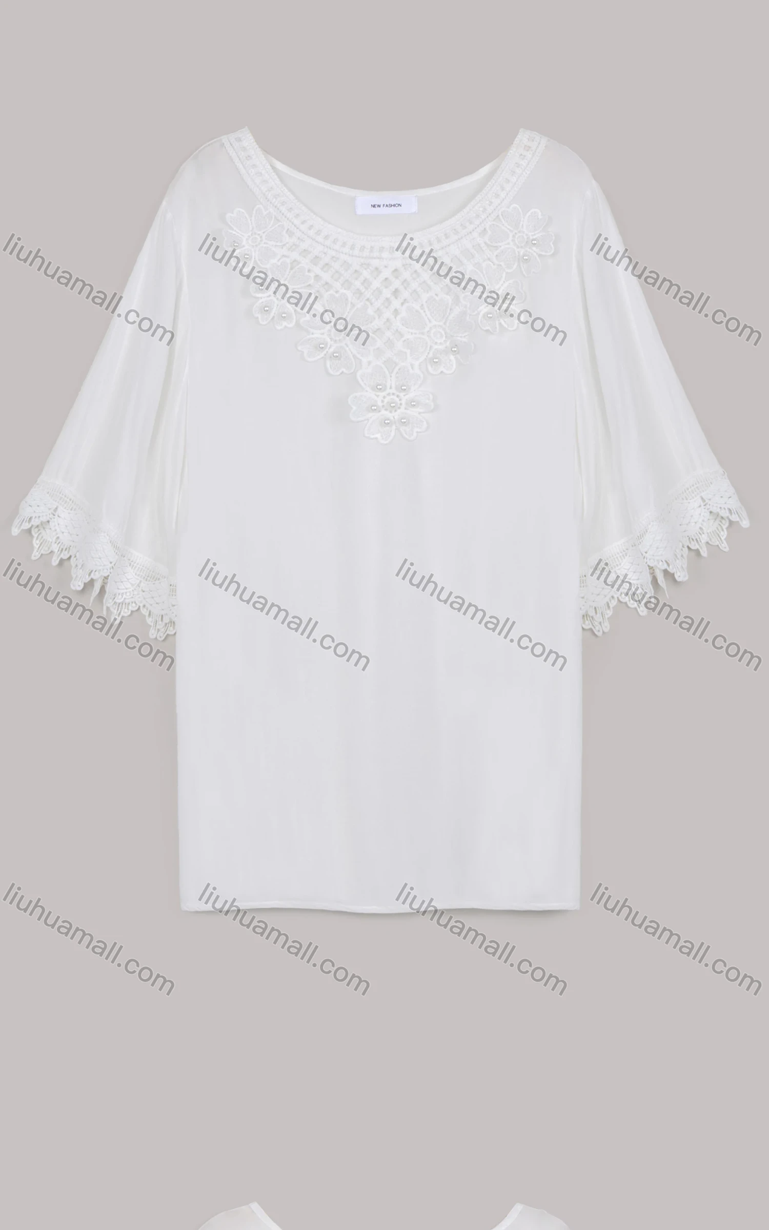 Wholesale Women's Casual Half Sleeve Round Neck Pearl Decor Lace Trim Oversized Blouse - Liuhuamall