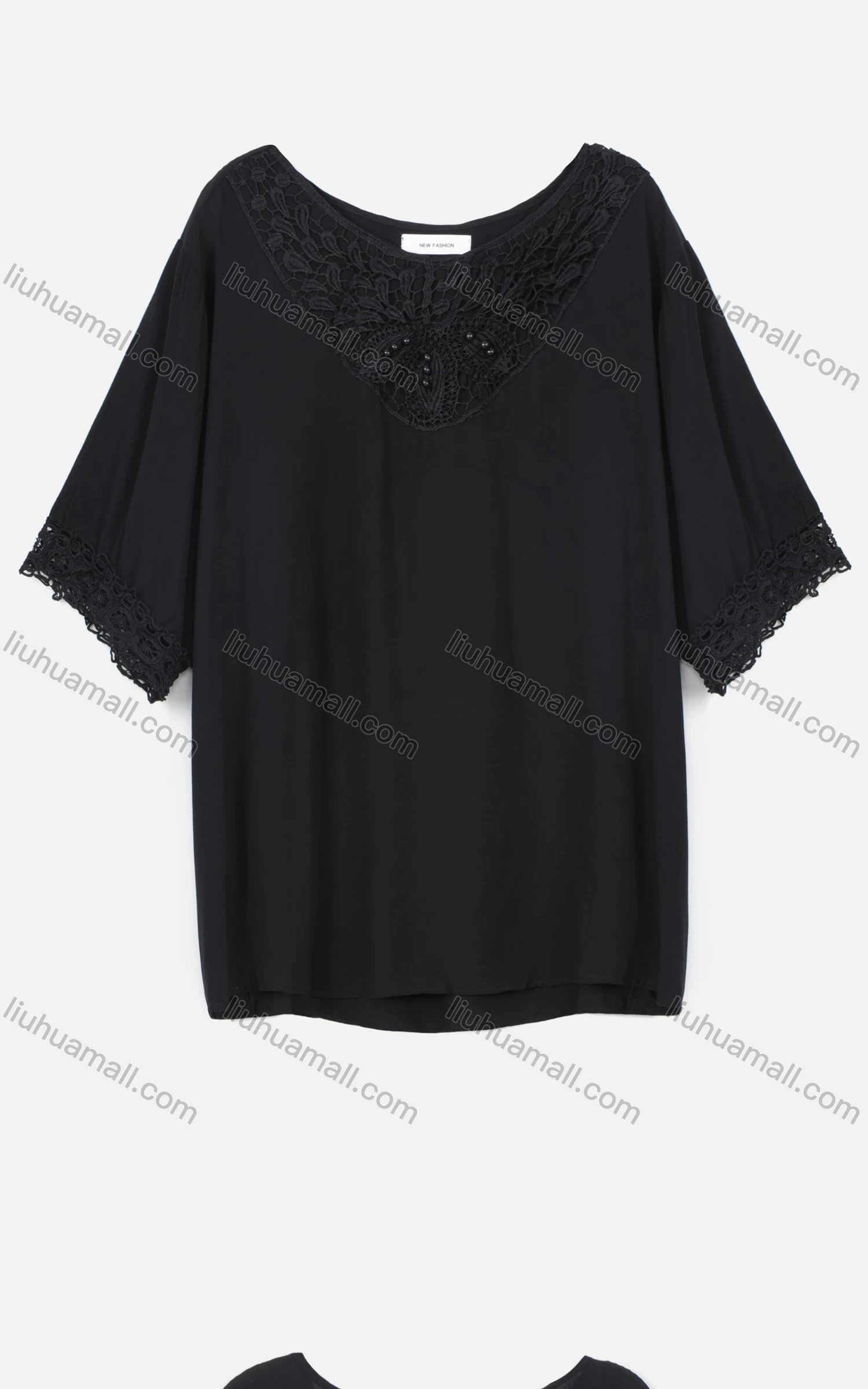 Wholesale Women's Casual Half Sleeve Round Neck Pearl Decor Lace Plain Blouse - Liuhuamall