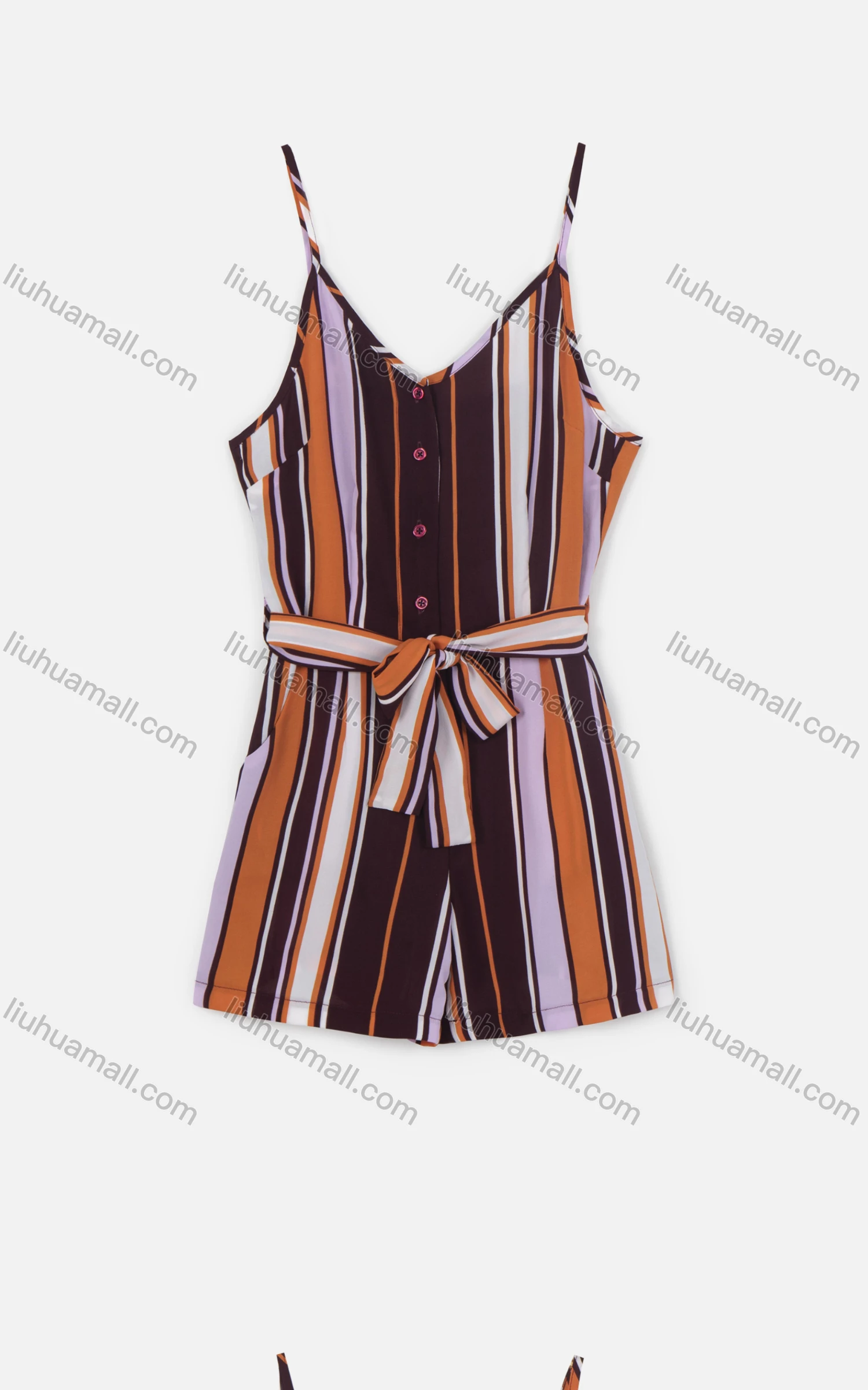 Wholesale Women's Casual Spaghetti Strap V-Neck Striped Print Button Front Belted Romper - Liuhuamall