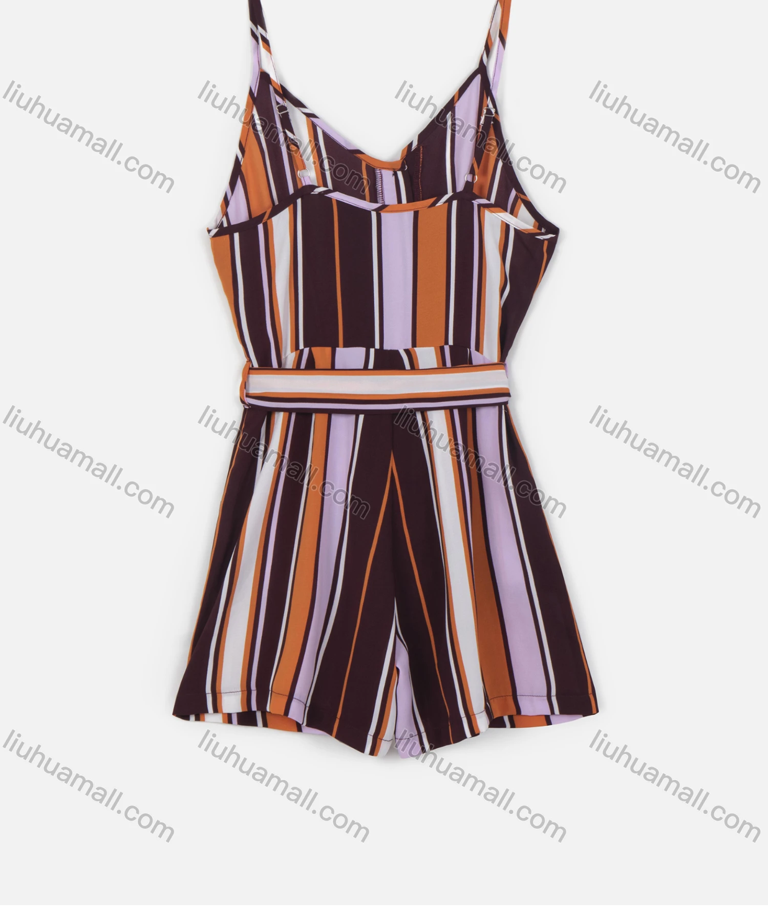 Wholesale Women's Casual Spaghetti Strap V-Neck Striped Print Button Front Belted Romper - Liuhuamall