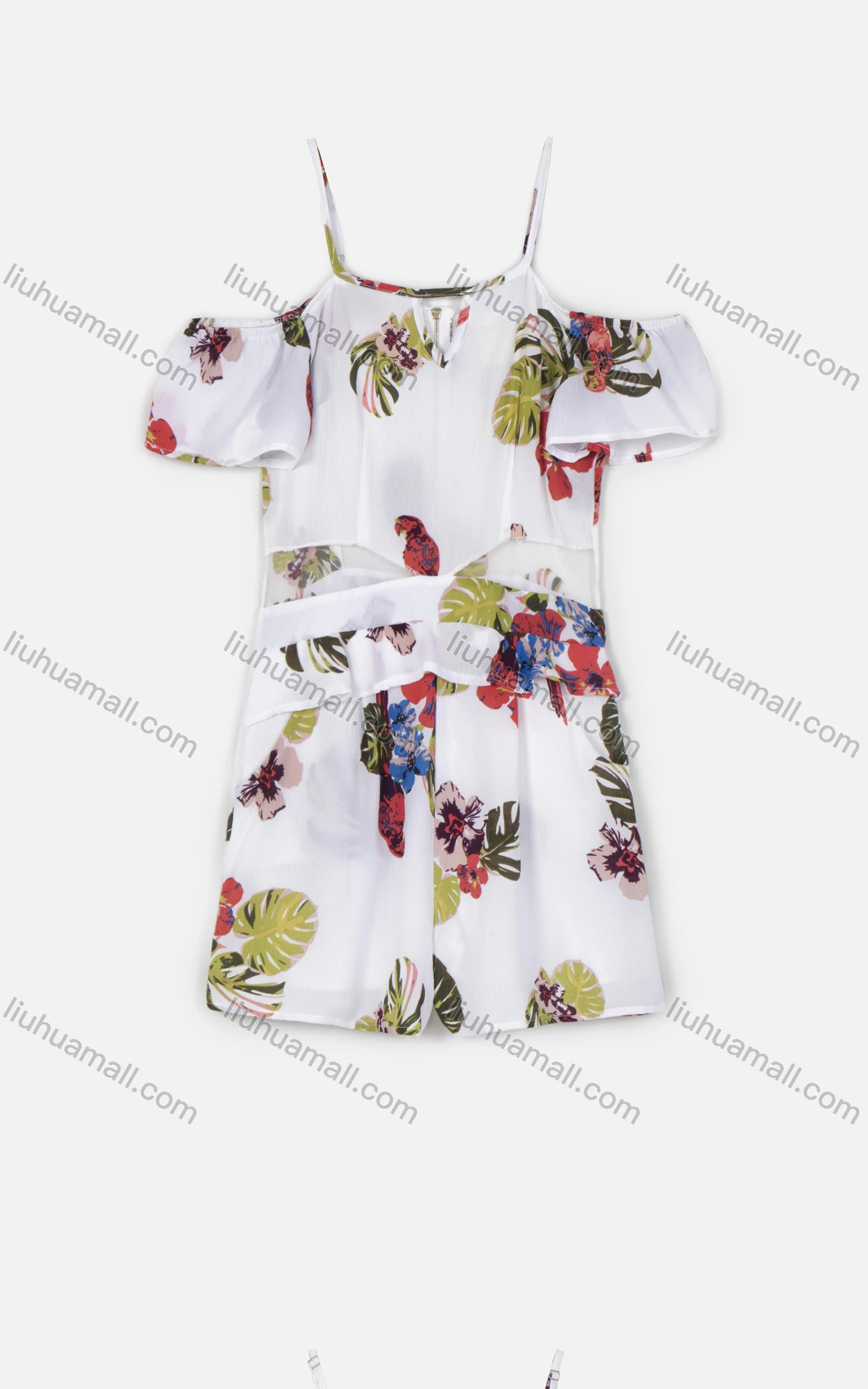 Wholesale Women's Casual Spaghetti Strap Puff Sleeve Ruffle Trim Zip Back Floral Print Romper - Liuhuamall