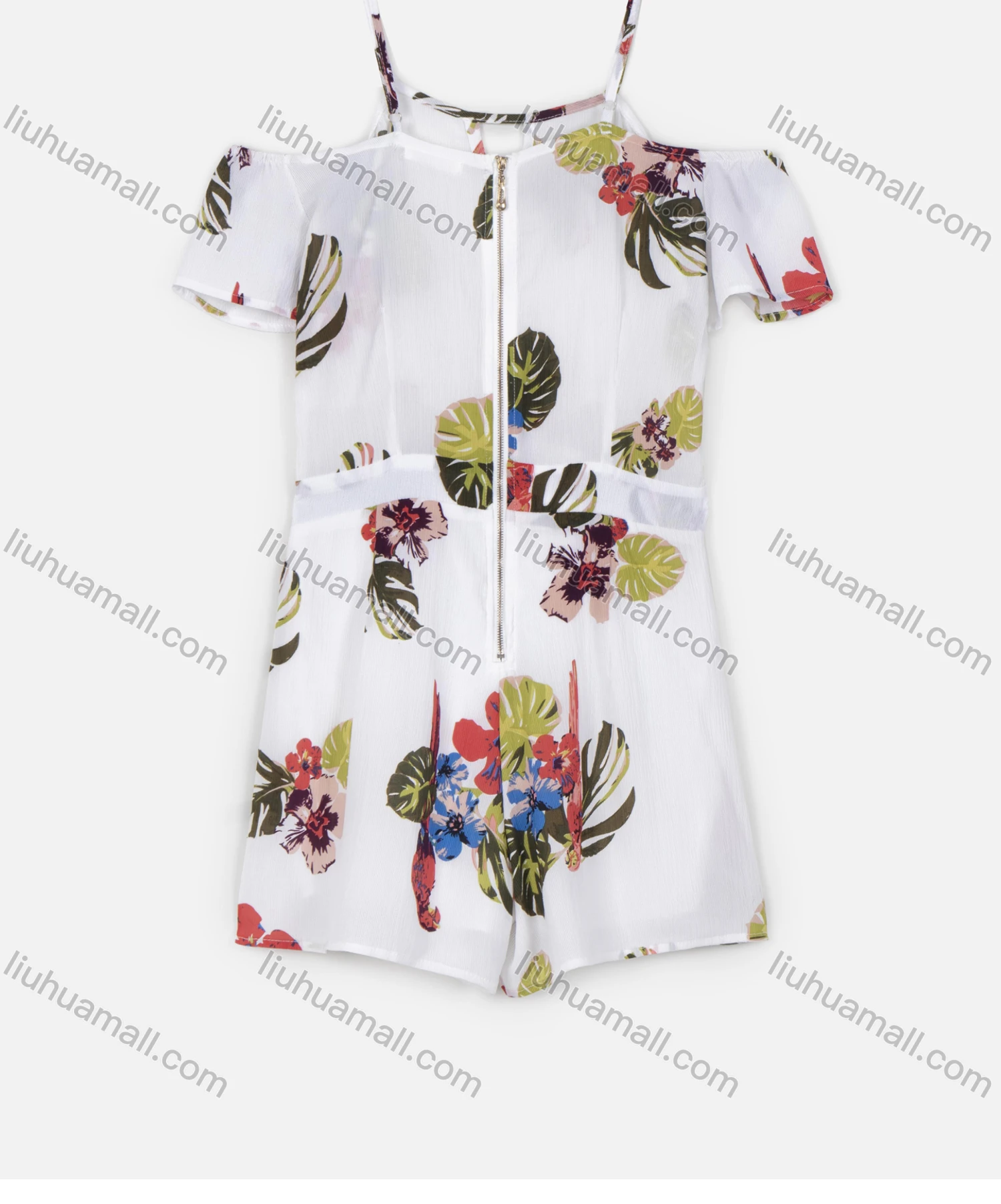 Wholesale Women's Casual Spaghetti Strap Puff Sleeve Ruffle Trim Zip Back Floral Print Romper - Liuhuamall