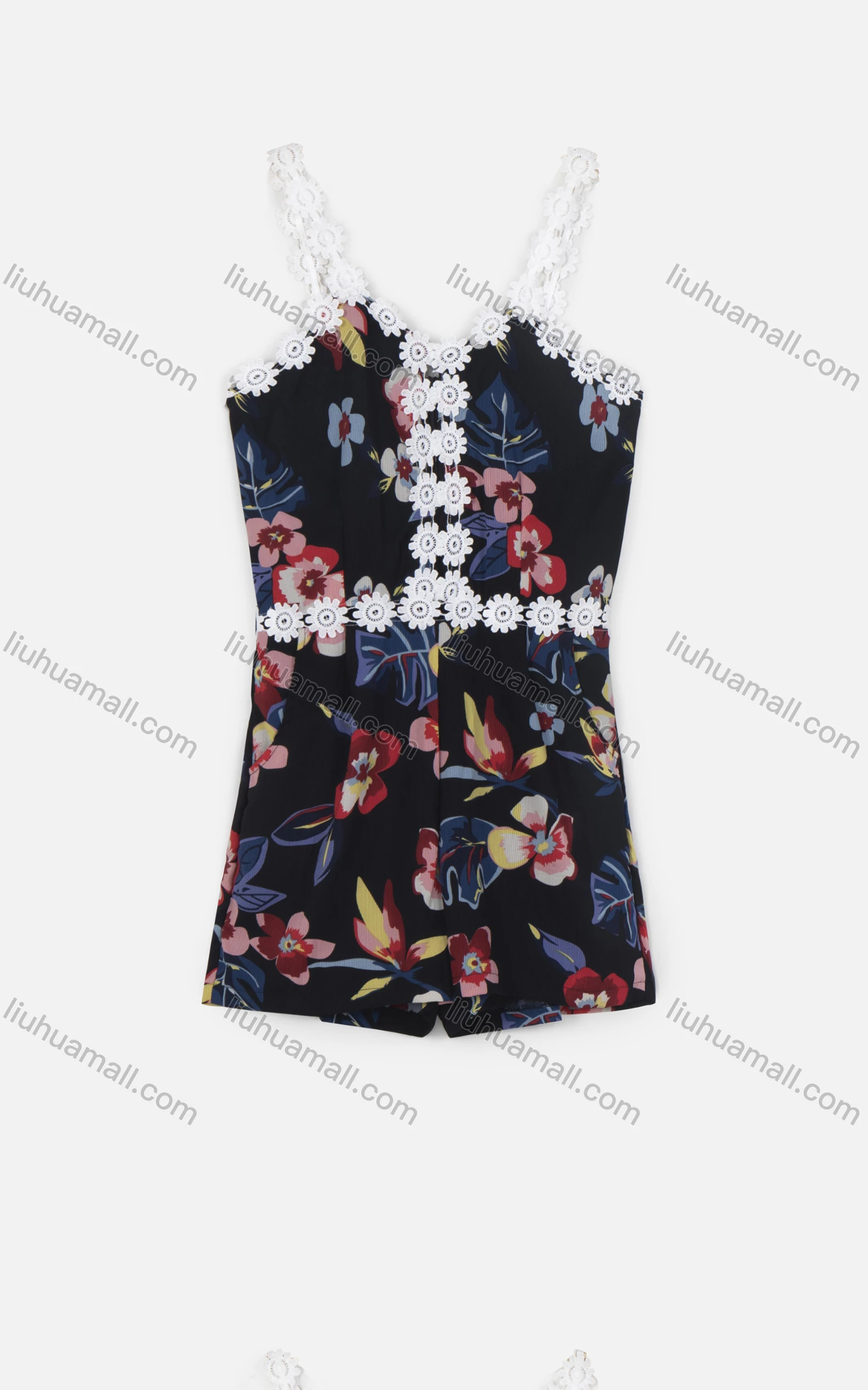 Wholesale Women's Casual Spaghetti Strap Sleeveless Floral Print Appliques Romper - Liuhuamall