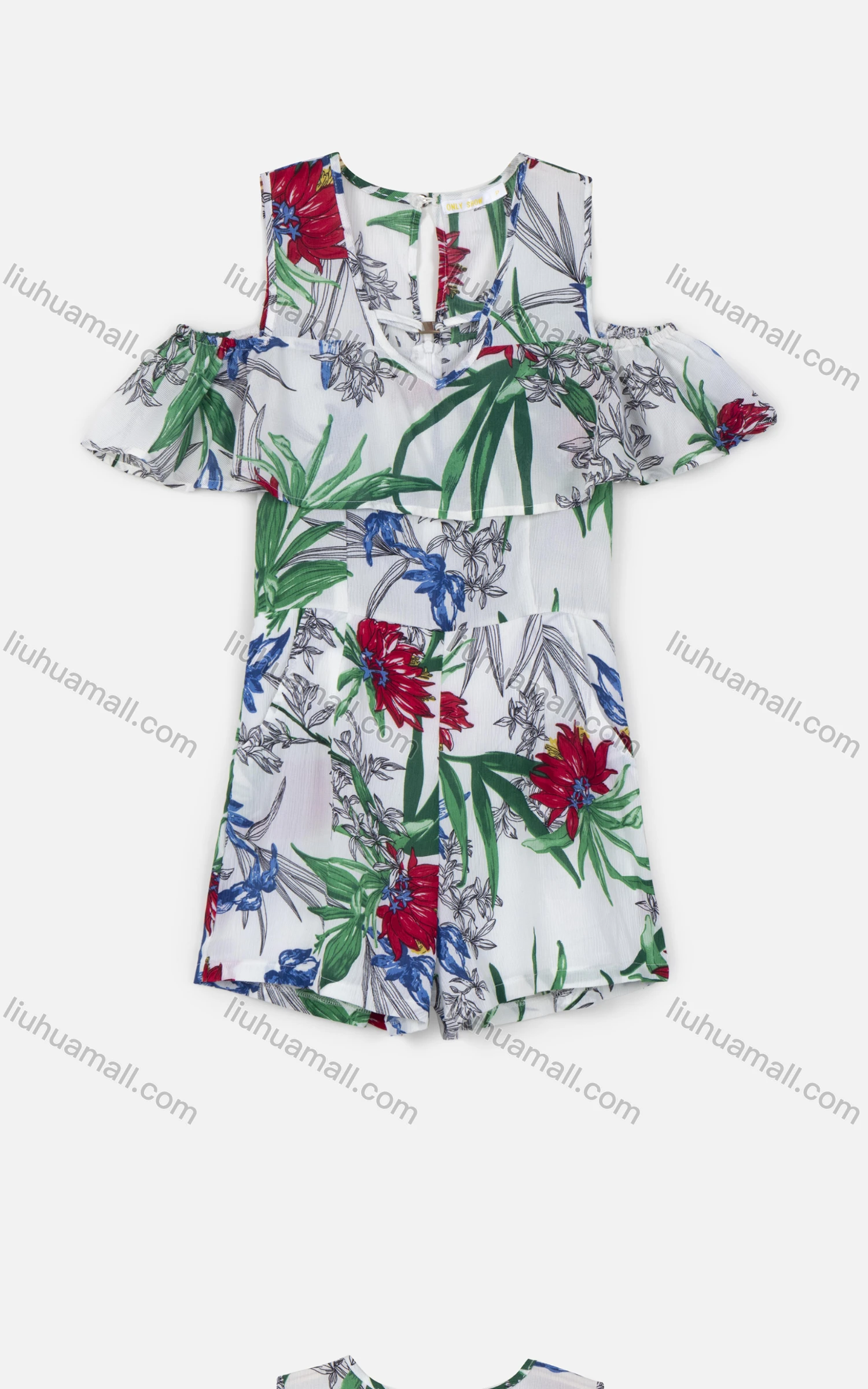 Wholesale Women's Casual Puff Sleeve Deep V Neck Off Shoulder Floral Print Romper - Liuhuamall