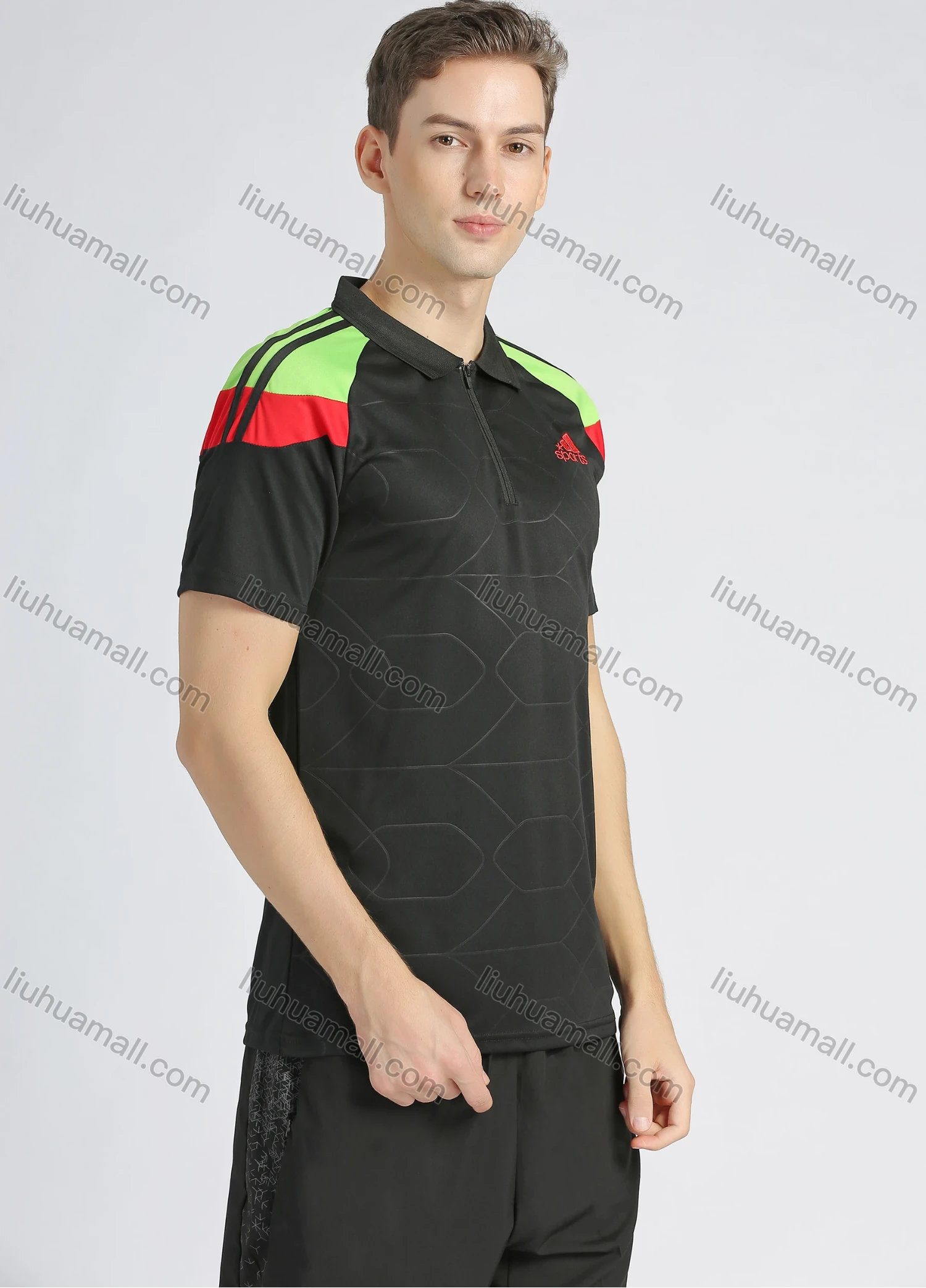 Wholesale Men's Sporty Colorblock Lapel Short Sleeve Striped Trim Quarter Zip Workout Polo Shirt - Liuhuamall