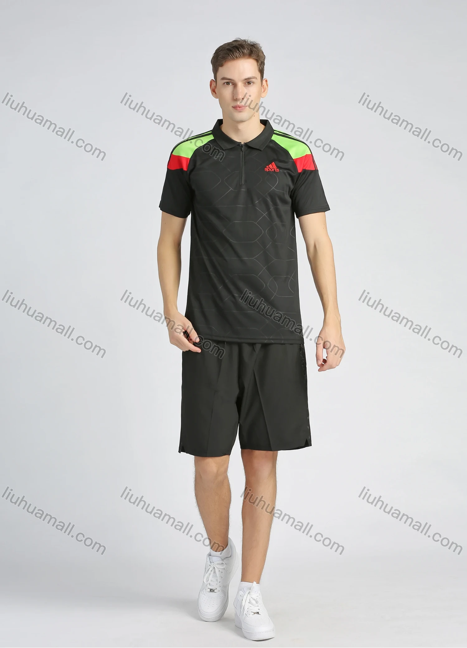 Wholesale Men's Sporty Colorblock Lapel Short Sleeve Striped Trim Quarter Zip Workout Polo Shirt - Liuhuamall