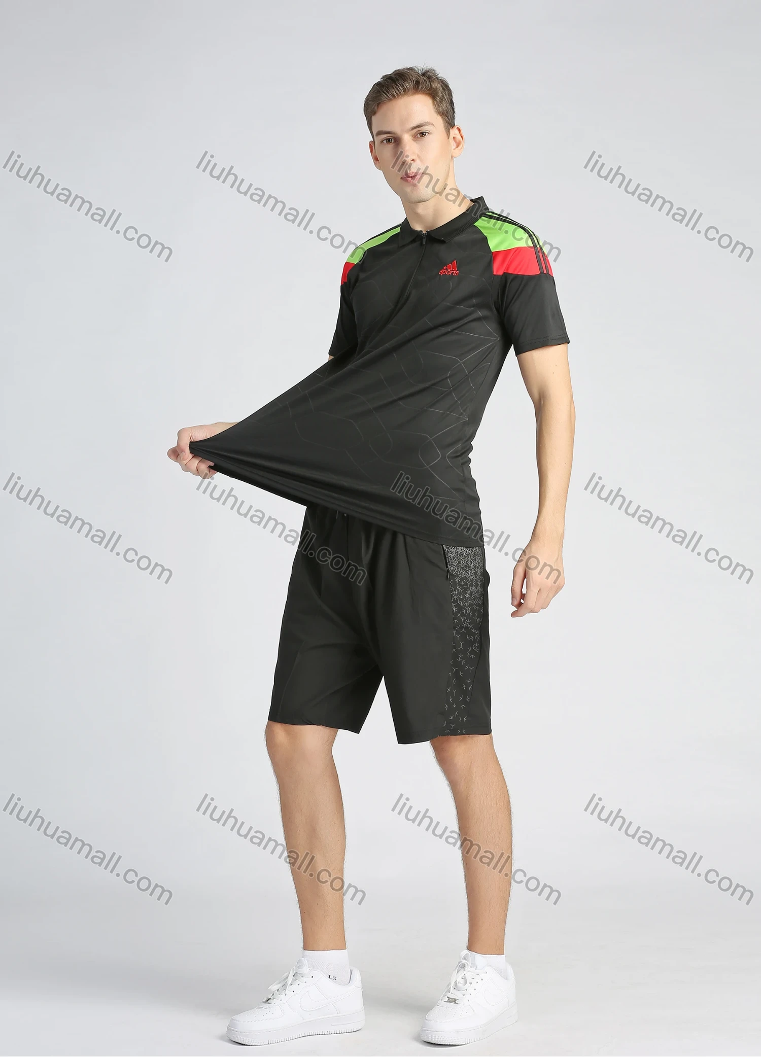 Wholesale Men's Sporty Colorblock Lapel Short Sleeve Striped Trim Quarter Zip Workout Polo Shirt - Liuhuamall