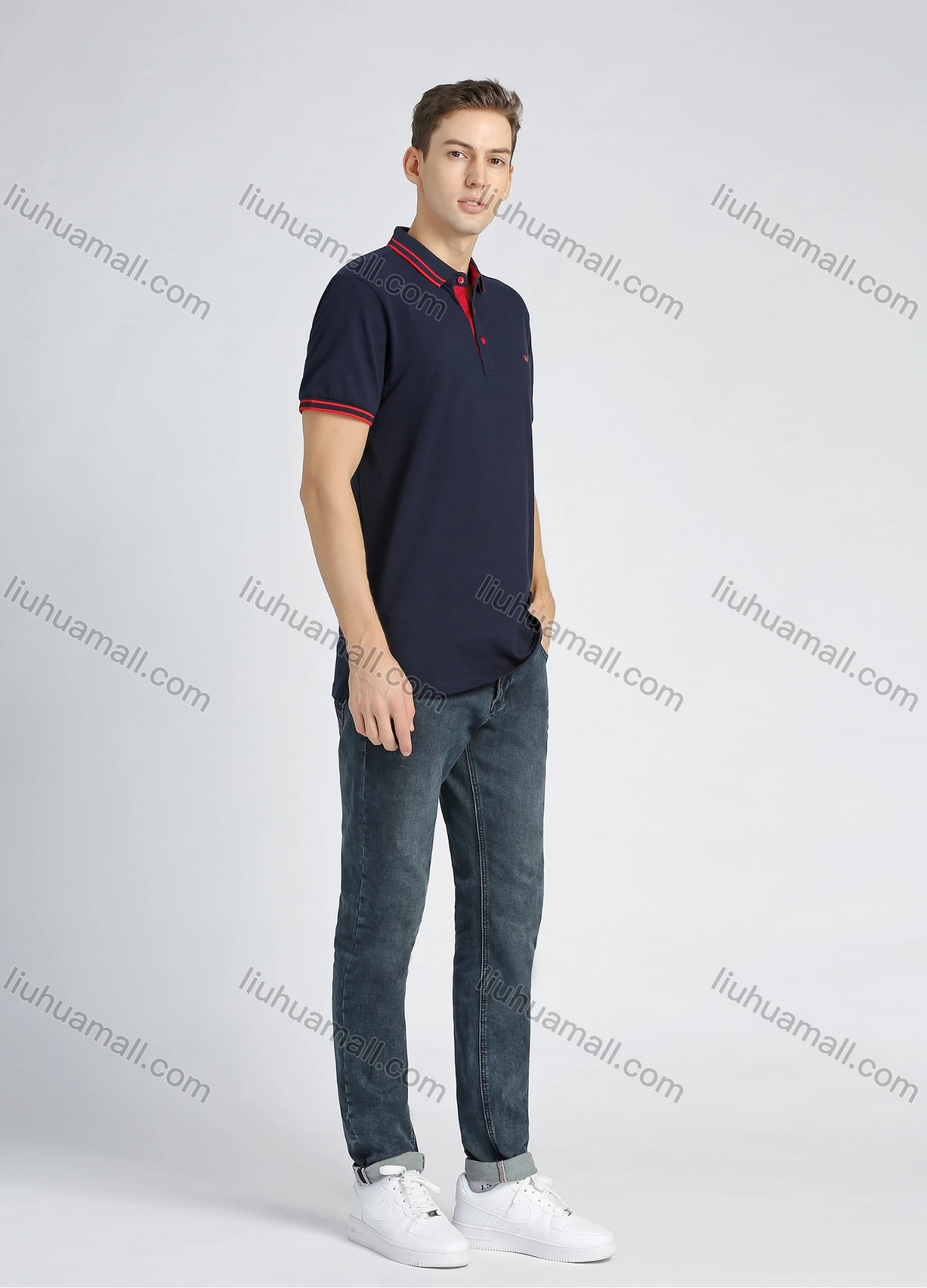 Wholesale Men's Cotton Casual Plain Striped Trim Short Sleeve Polo Shirt - Liuhuamall