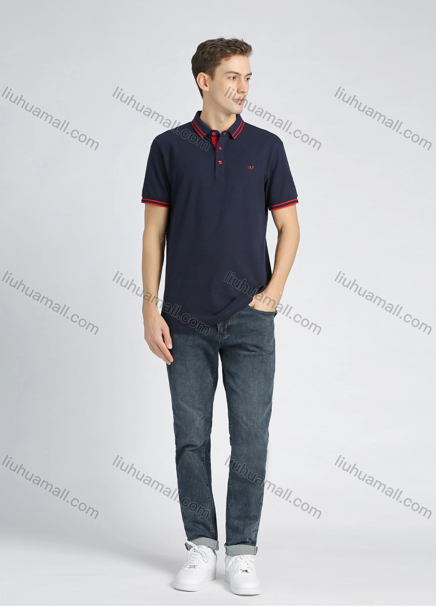 Wholesale Men's Cotton Casual Plain Striped Trim Short Sleeve Polo Shirt - Liuhuamall