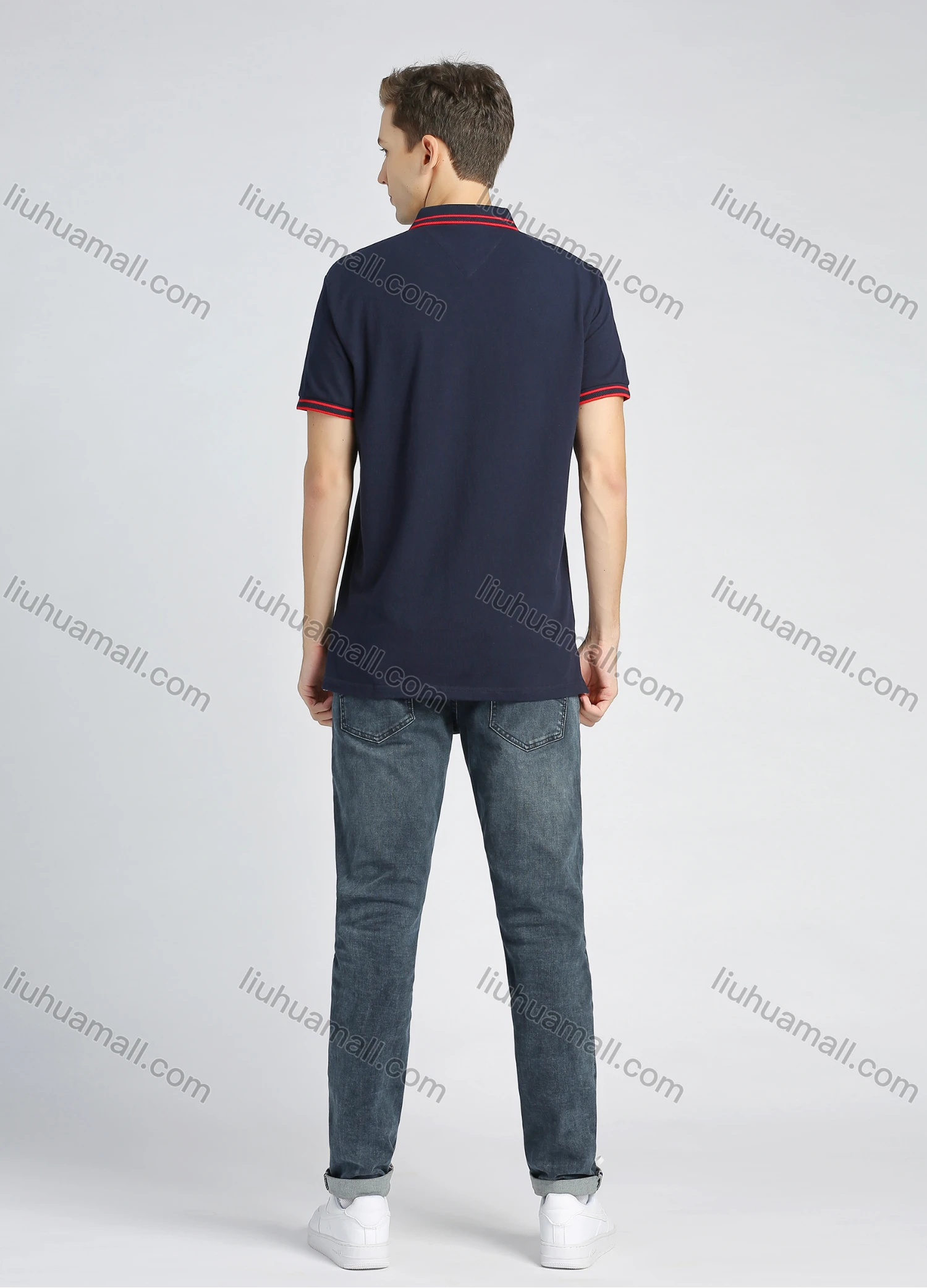 Wholesale Men's Cotton Casual Plain Striped Trim Short Sleeve Polo Shirt - Liuhuamall