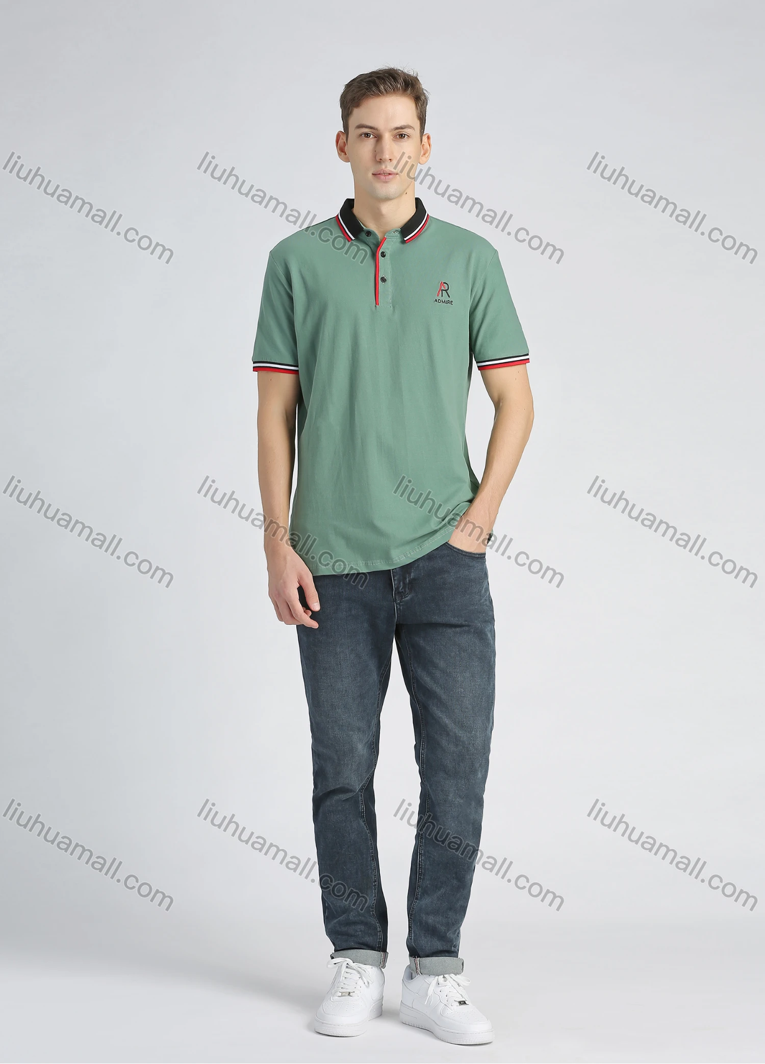 Wholesale Men's Cotton Plain Short Sleeve Embroidery Contrast Collar Polo Shirt - Liuhuamall