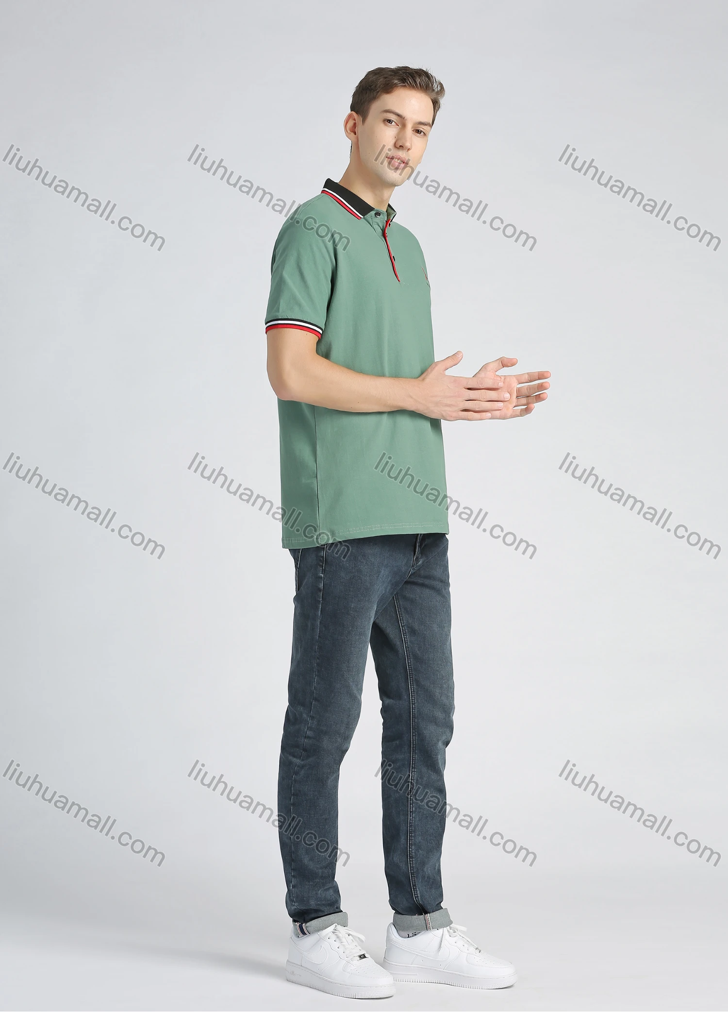 Wholesale Men's Cotton Plain Short Sleeve Embroidery Contrast Collar Polo Shirt - Liuhuamall