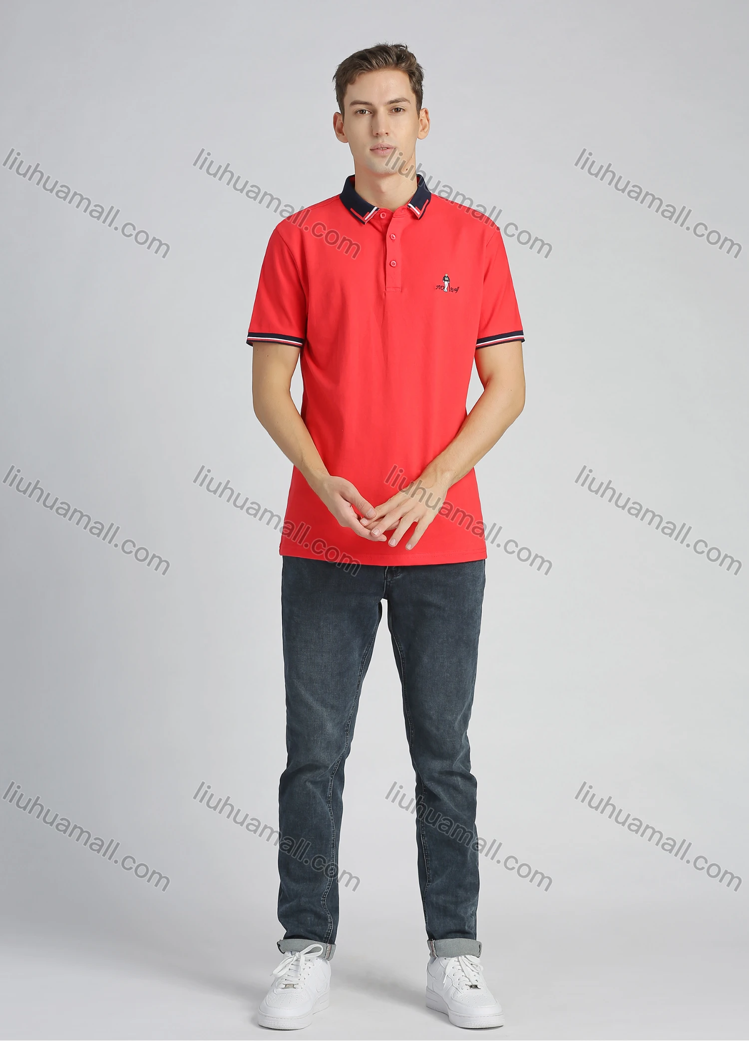 Wholesale Men's Cotton Plain Short Sleeve Embroidery Contrast Collar Polo Shirt - Liuhuamall