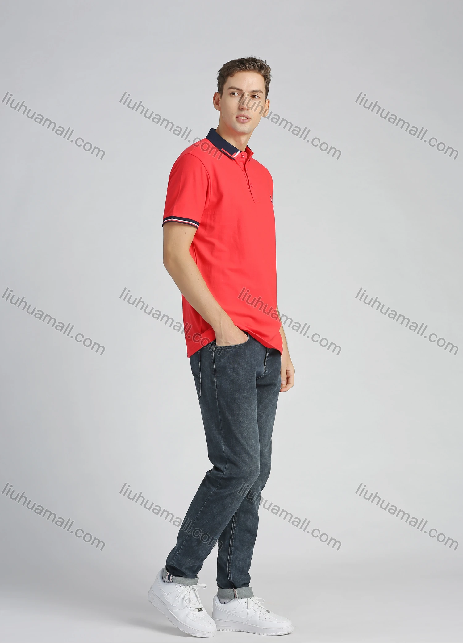 Wholesale Men's Cotton Plain Short Sleeve Embroidery Contrast Collar Polo Shirt - Liuhuamall