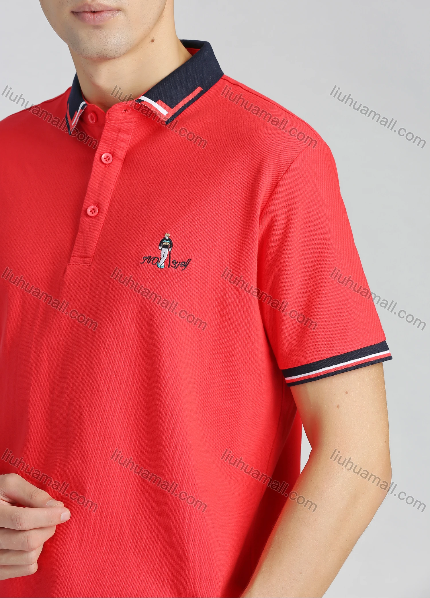 Wholesale Men's Cotton Plain Short Sleeve Embroidery Contrast Collar Polo Shirt - Liuhuamall