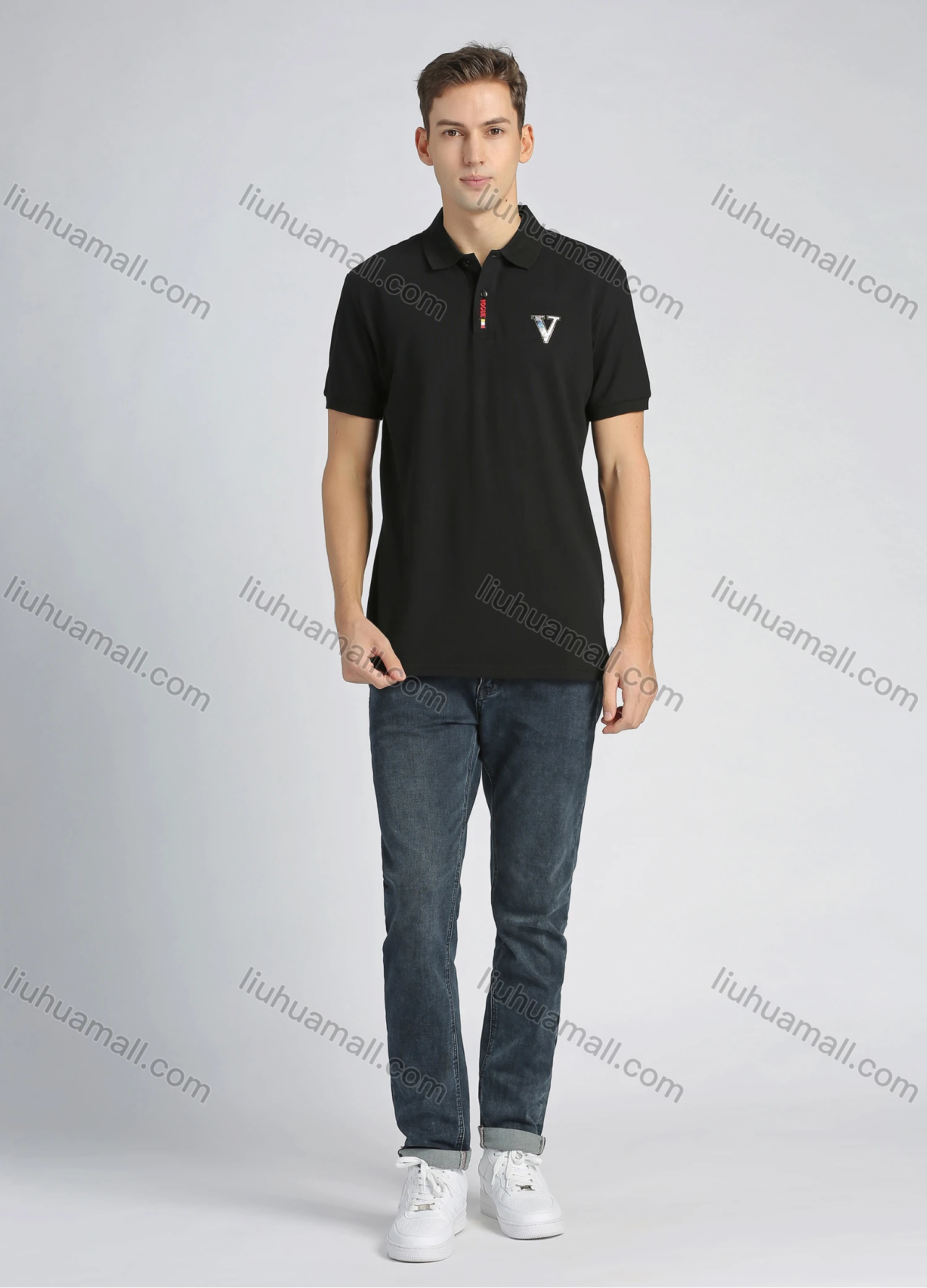 Wholesale Men's Cotton Plain Short Sleeve Letter Embroidery Rhinestone Casual Polo Shirt - Liuhuamall