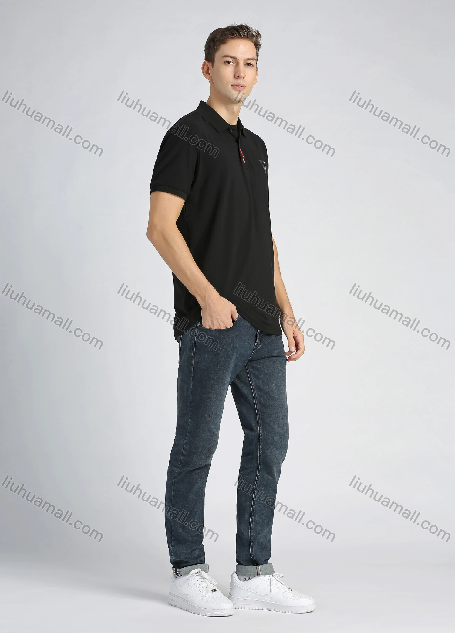 Wholesale Men's Cotton Plain Short Sleeve Letter Embroidery Rhinestone Casual Polo Shirt - Liuhuamall