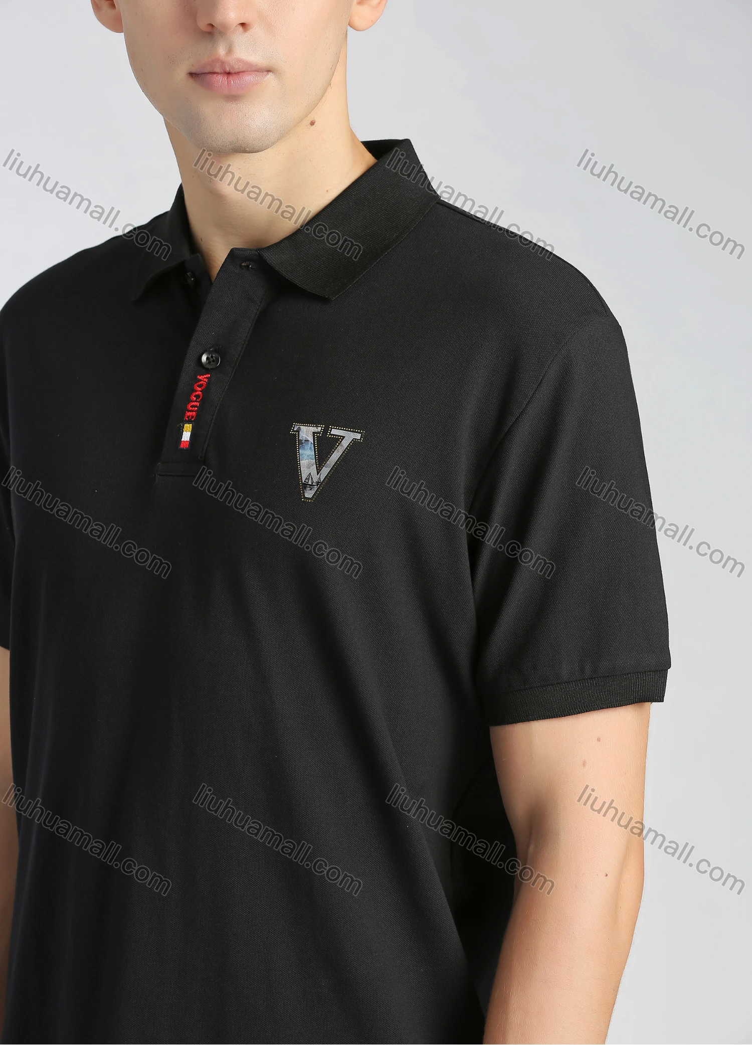 Wholesale Men's Cotton Plain Short Sleeve Letter Embroidery Rhinestone Casual Polo Shirt - Liuhuamall