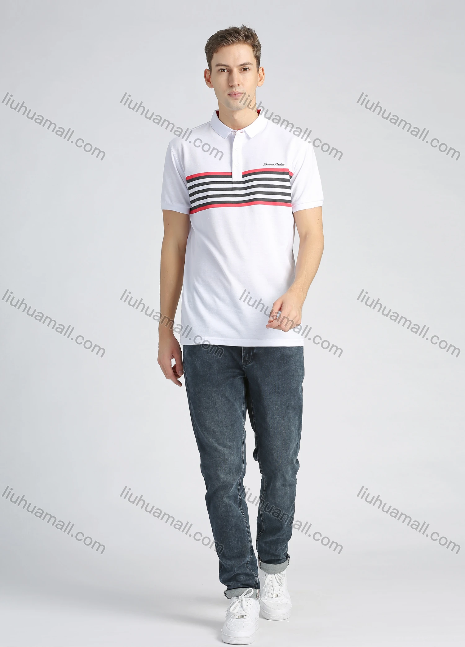 Wholesale Men's Casual Cotton Short Sleeve Striped Polo Shirt - Liuhuamall