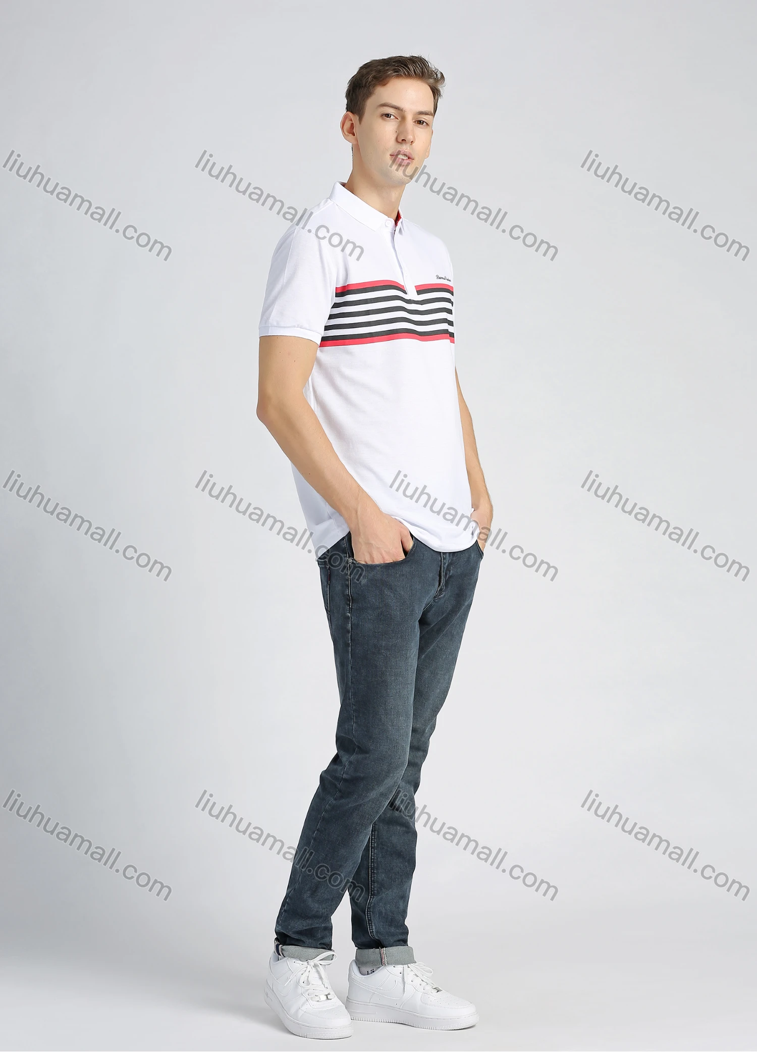 Wholesale Men's Casual Cotton Short Sleeve Striped Polo Shirt - Liuhuamall