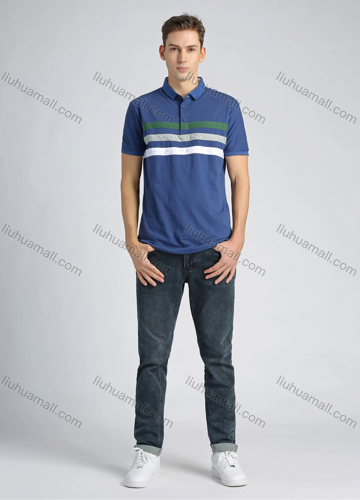 Wholesale Men's Casual Cotton Colokblock Striped Short Sleeve Polo Shirt - Liuhuamall